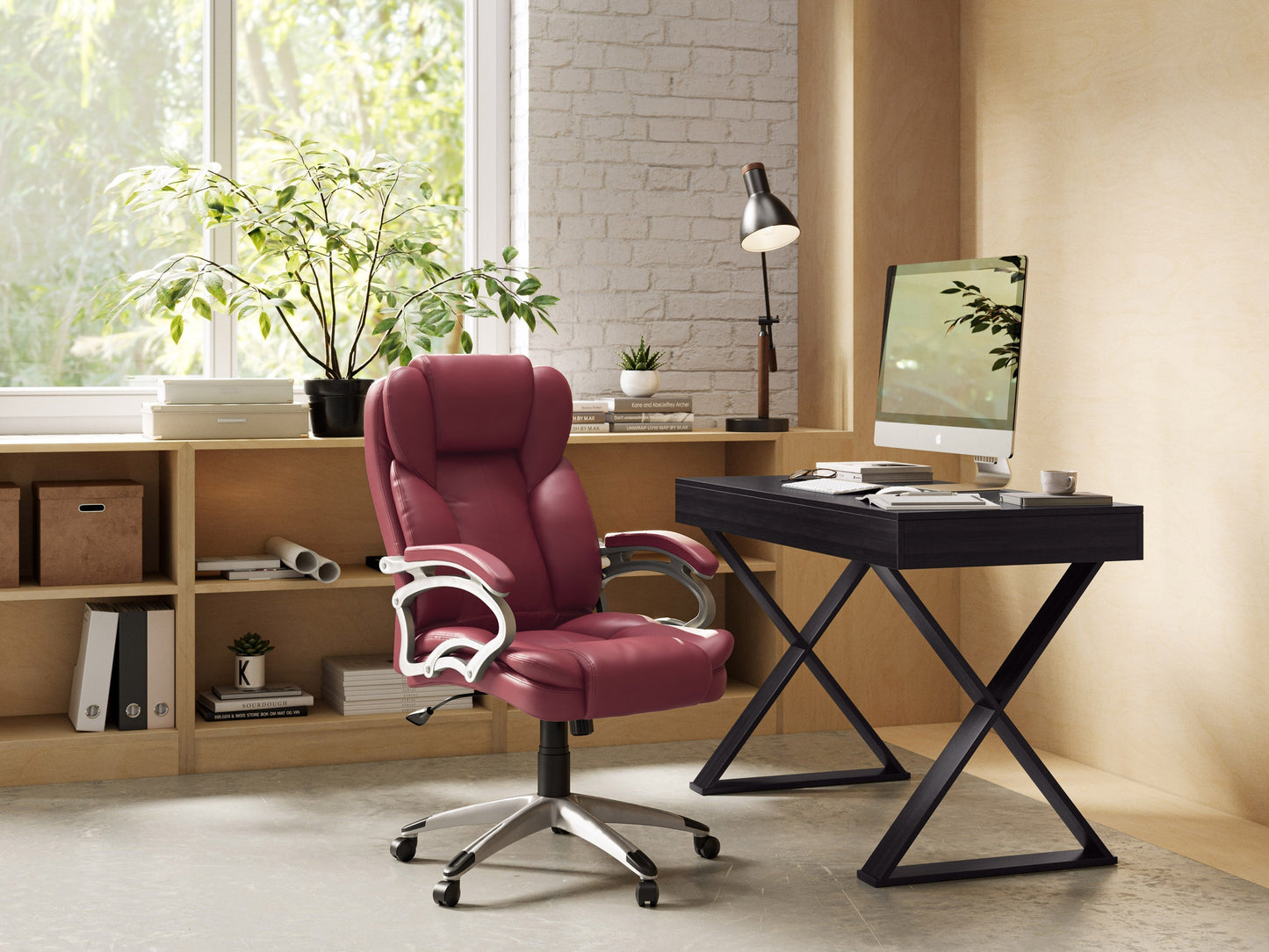 Brick red executive office chair with ergonomic design, adjustable height, padded armrests, and lumbar support. Upholstered in soft, textured fabric with a sturdy metal base and smooth-rolling casters.