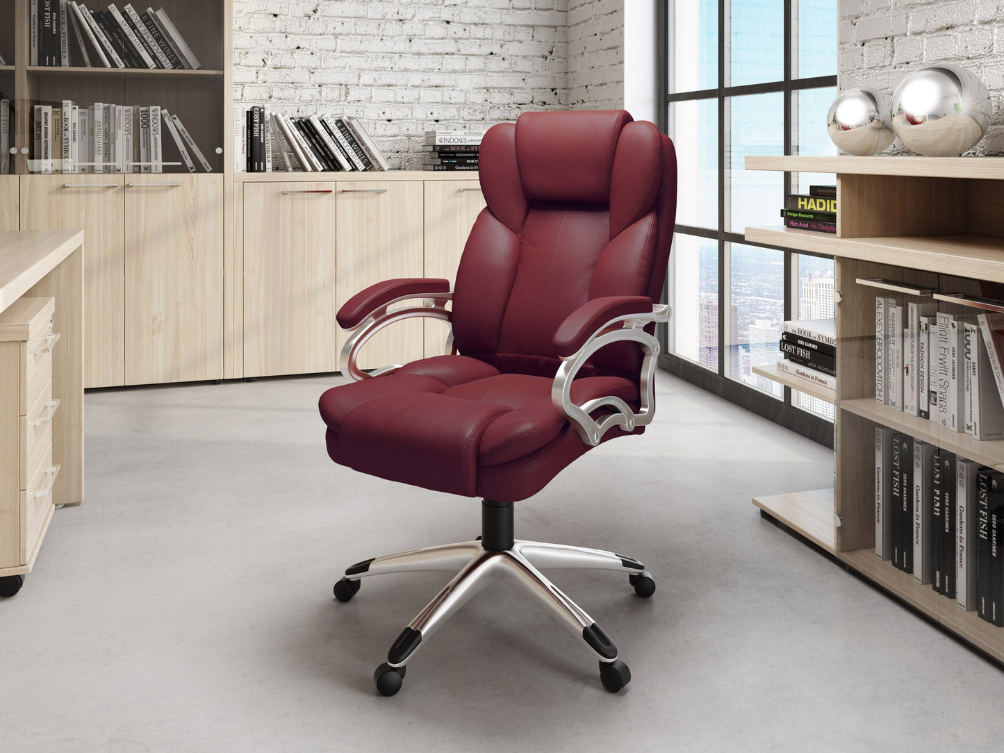 Brick red executive office chair with ergonomic design, adjustable height, padded armrests, and lumbar support. Upholstered in soft, textured fabric with a sturdy metal base and smooth-rolling casters.