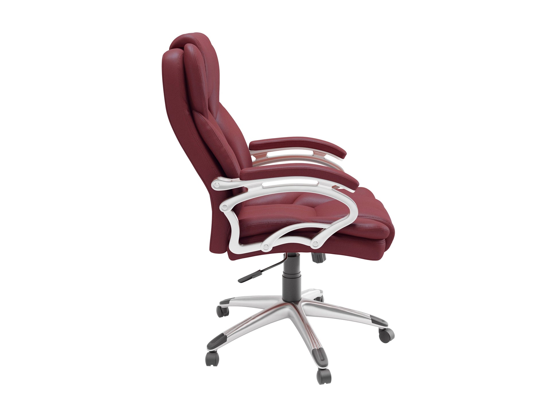 Brick red executive office chair with ergonomic design, adjustable height, padded armrests, and lumbar support. Upholstered in soft, textured fabric with a sturdy metal base and smooth-rolling casters.