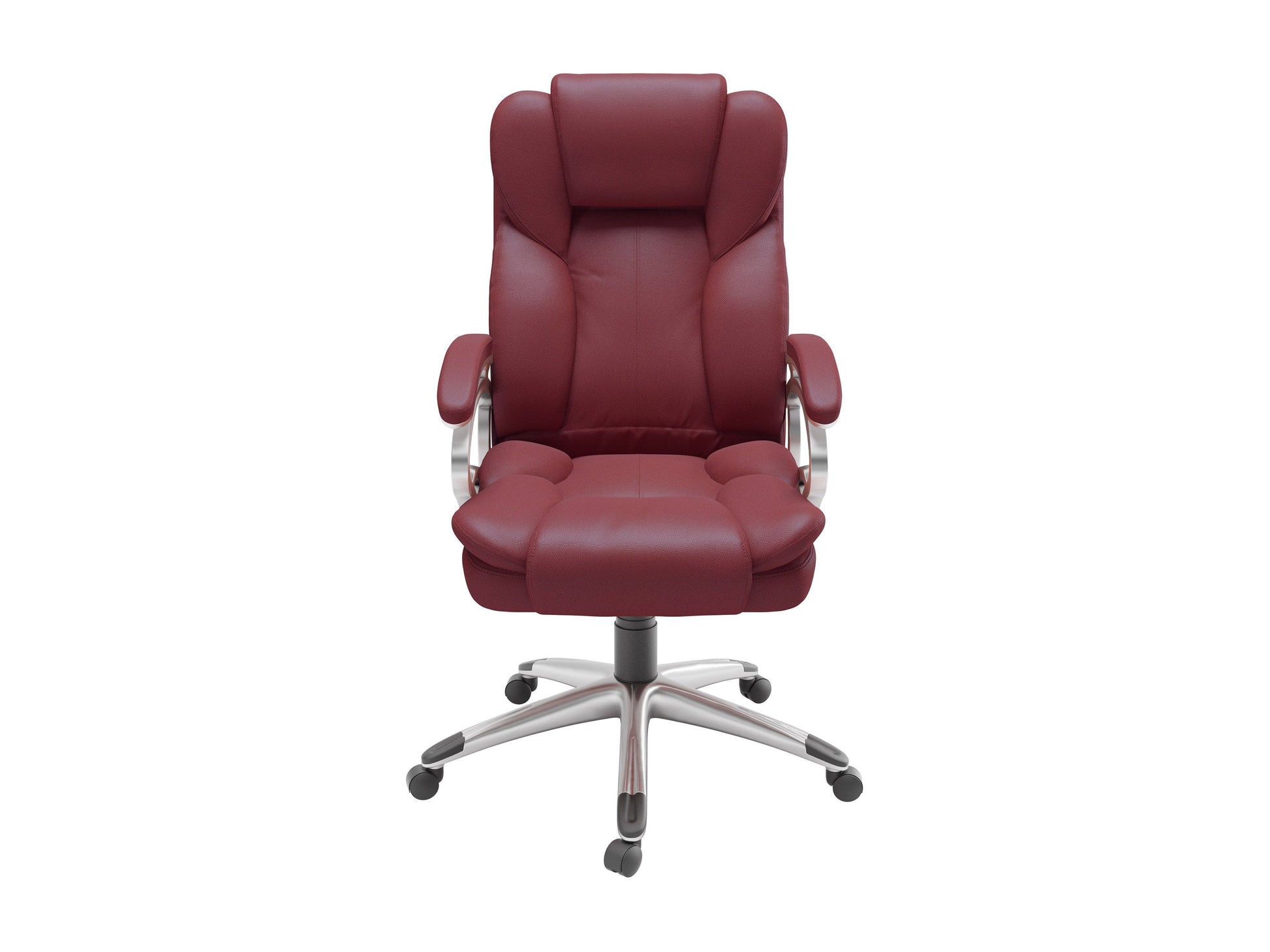 Brick red executive office chair with ergonomic design, adjustable height, padded armrests, and lumbar support. Upholstered in soft, textured fabric with a sturdy metal base and smooth-rolling casters.