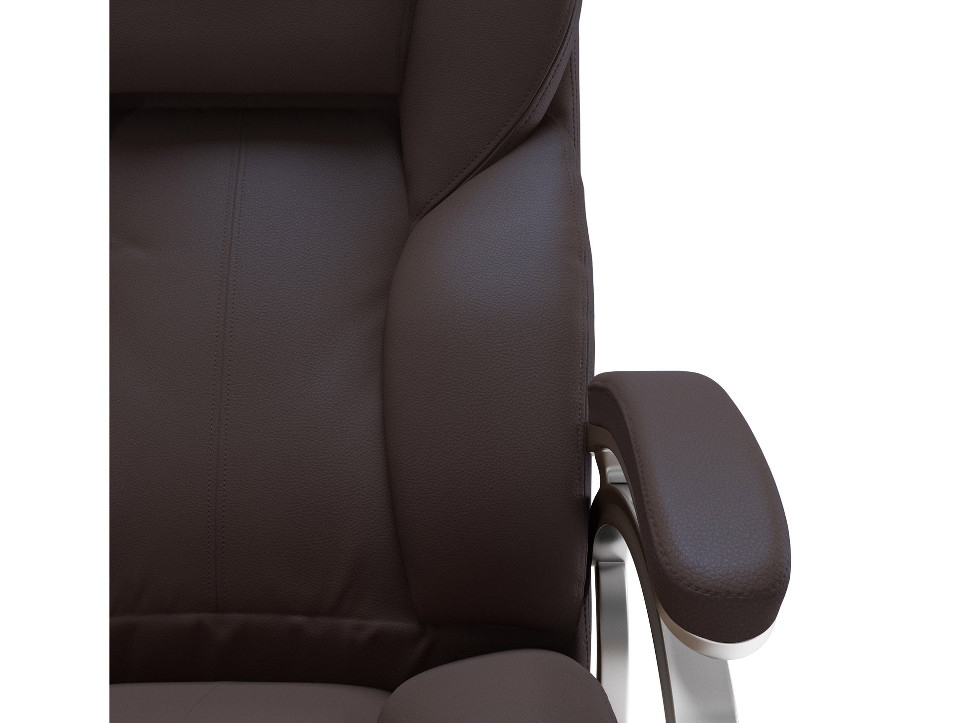 Ergonomic executive office chair in espresso brown leather with high back, adjustable armrests, and chrome base. Features plush cushioning, lumbar support, and 360-degree swivel for enhanced comfort and productivity.
