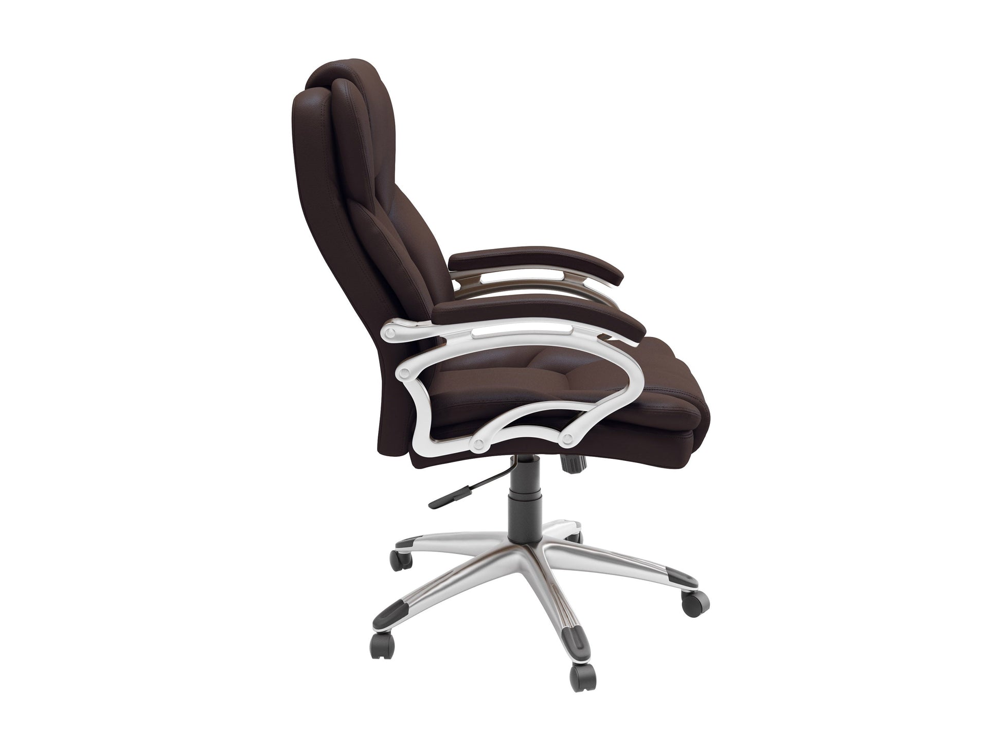 Ergonomic executive office chair in espresso brown leather with high back, adjustable armrests, and chrome base. Features plush cushioning, lumbar support, and 360-degree swivel for enhanced comfort and productivity.