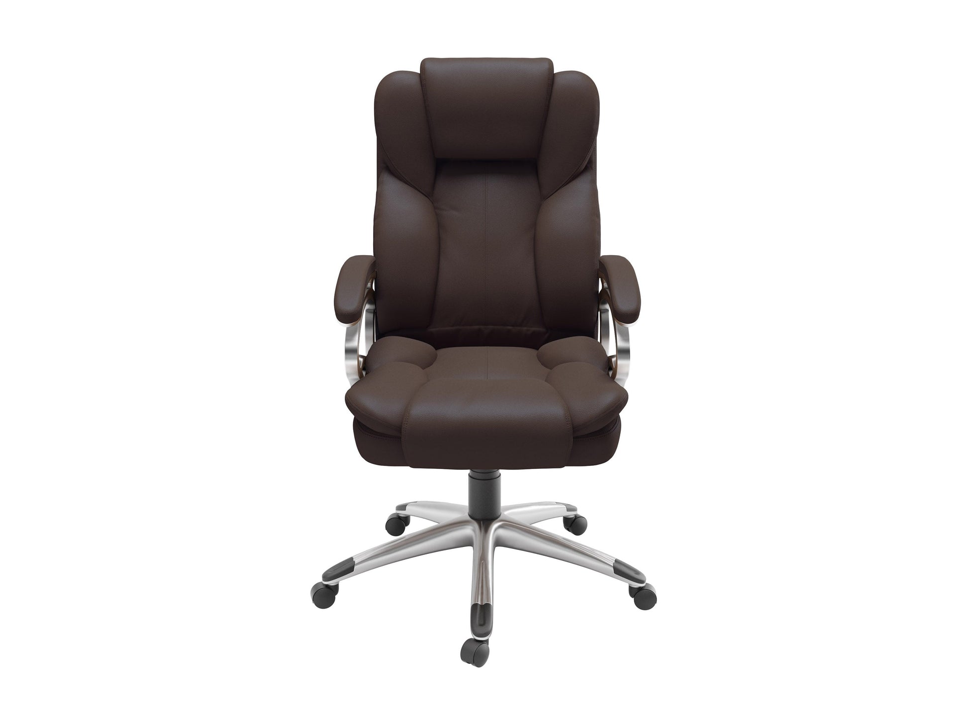 Ergonomic executive office chair in espresso brown leather with high back, adjustable armrests, and chrome base. Features plush cushioning, lumbar support, and 360-degree swivel for enhanced comfort and productivity.