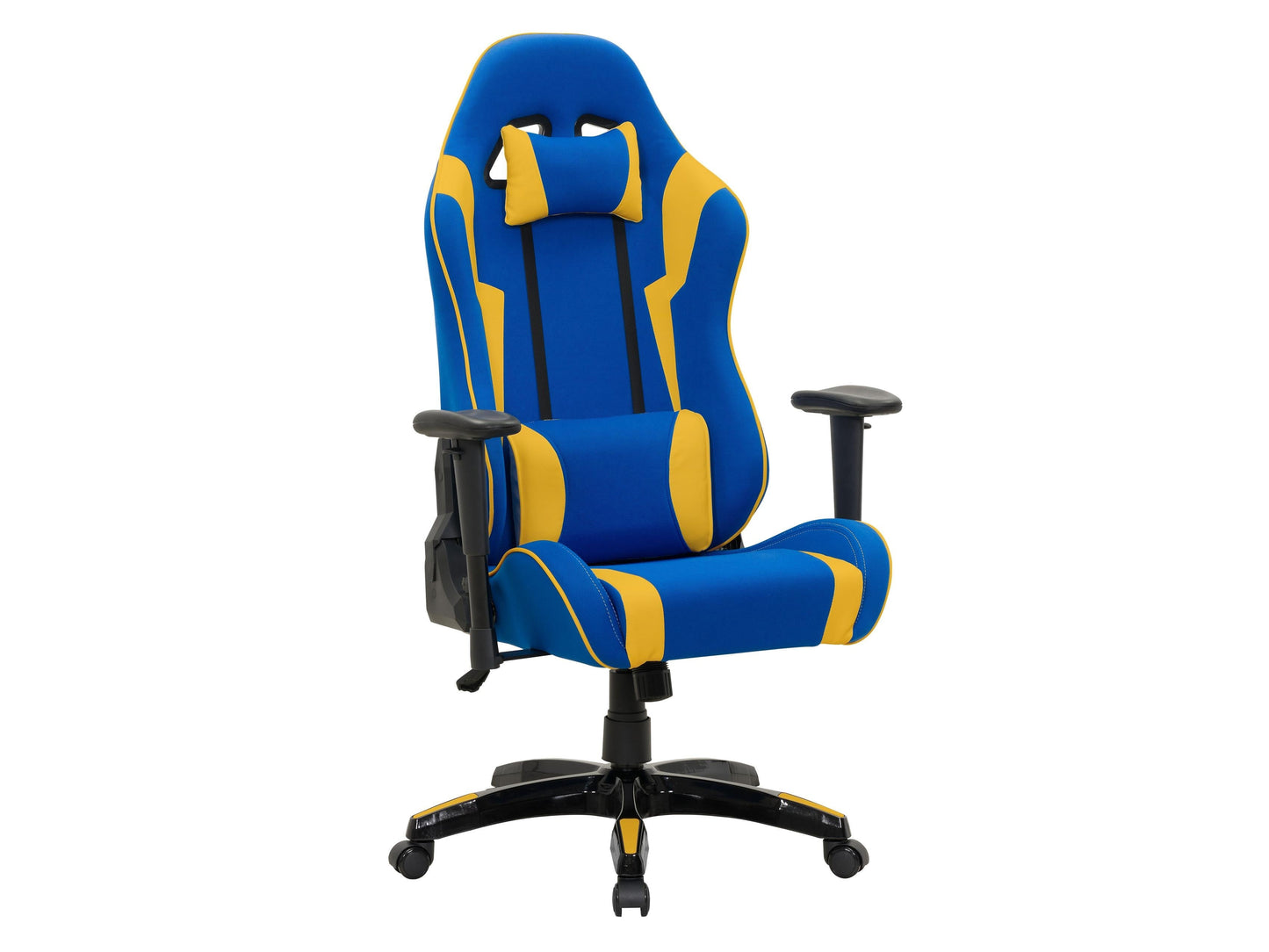 Blue and yellow ergonomic gaming chair with adjustable armrests, lumbar support, and high-density foam cushioning, perfect for long gaming sessions. Features breathable mesh fabric and a sturdy metal base.