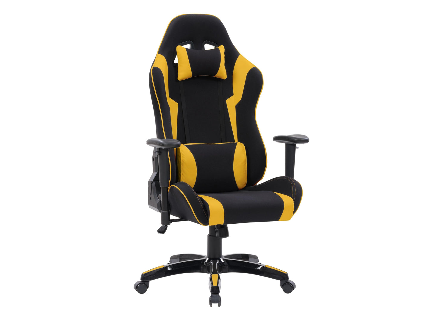Ergonomic black and yellow gaming chair with high backrest, adjustable armrests, lumbar support, and breathable mesh fabric. Ideal for long gaming sessions and office use.