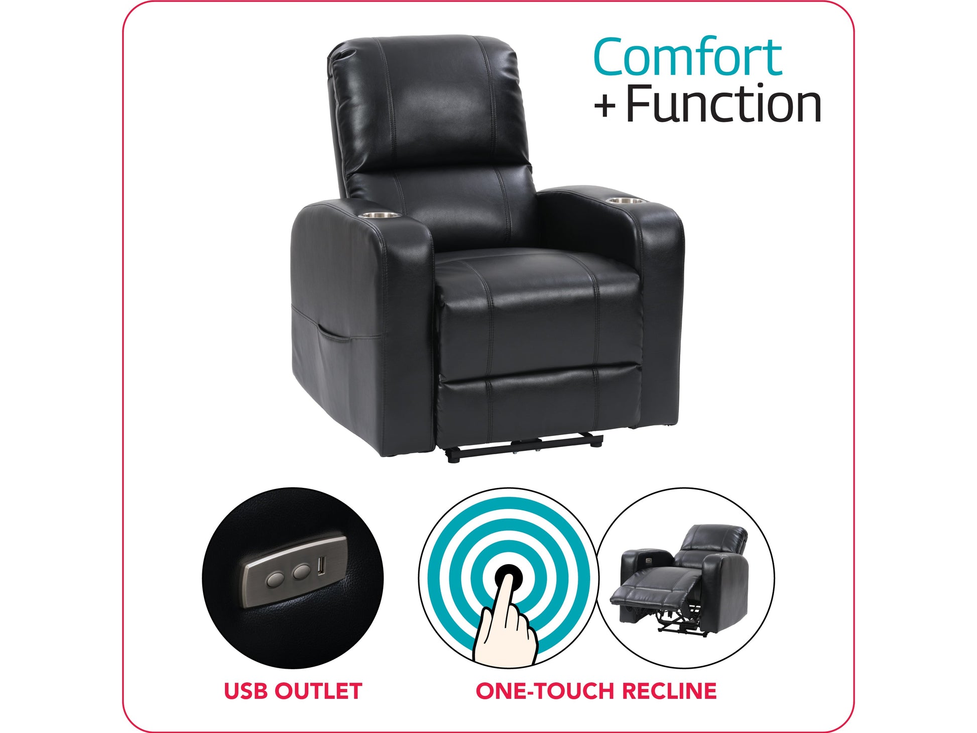 Black leather power recliner with cup holder, plush cushioning, and sleek design. Features include adjustable headrest, ergonomic armrests, and smooth reclining mechanism for ultimate comfort.