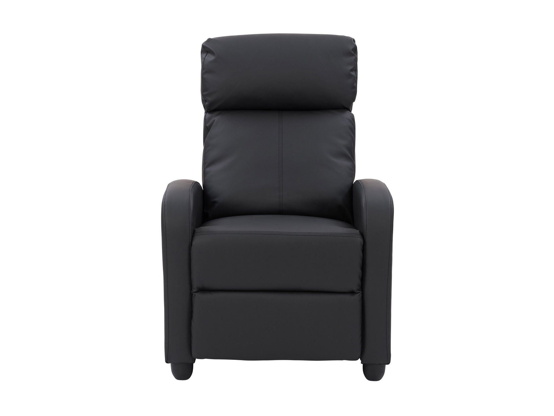 Black push back recliner with sleek leather upholstery, cushioned armrests, and a reclining mechanism for optimal comfort. Ideal for living rooms, home theaters, or offices.