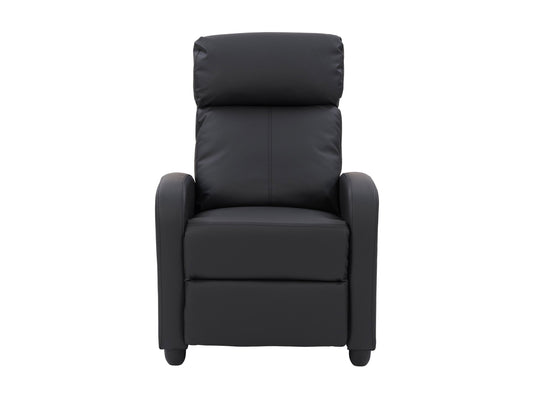 Black push back recliner with sleek leather upholstery, cushioned armrests, and a reclining mechanism for optimal comfort. Ideal for living rooms, home theaters, or offices.