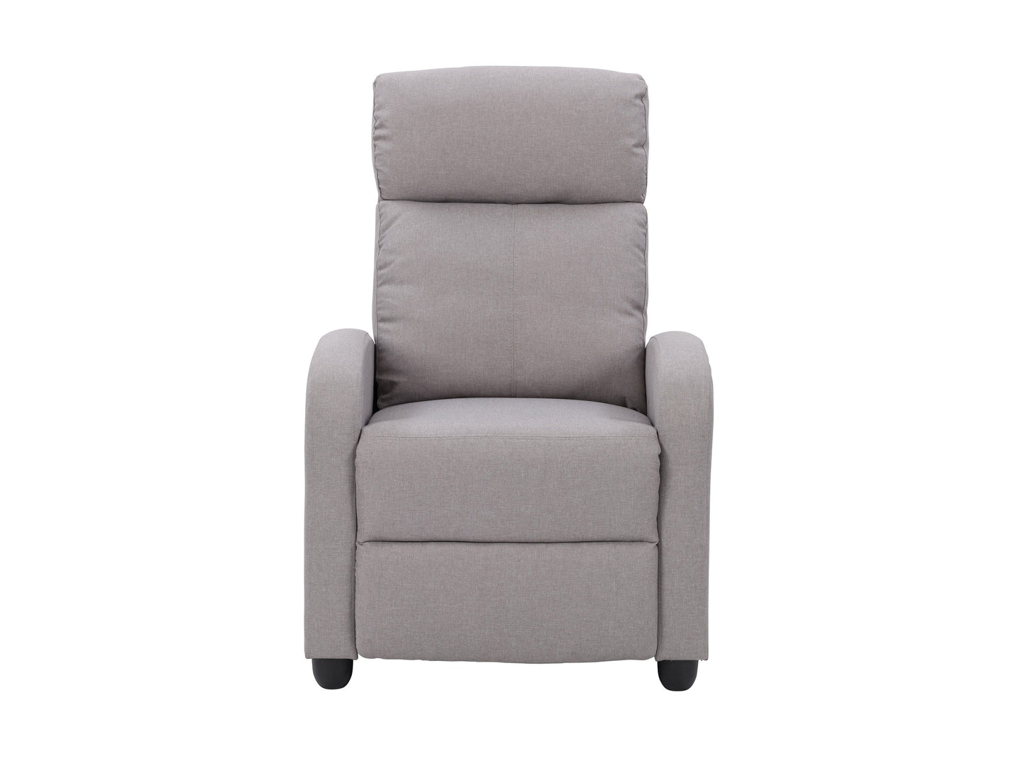 Light grey push back recliner with plush cushioning, sleek armrests, and a modern design. Upholstered in soft fabric with a sturdy wooden frame, perfect for living room comfort and relaxation.
