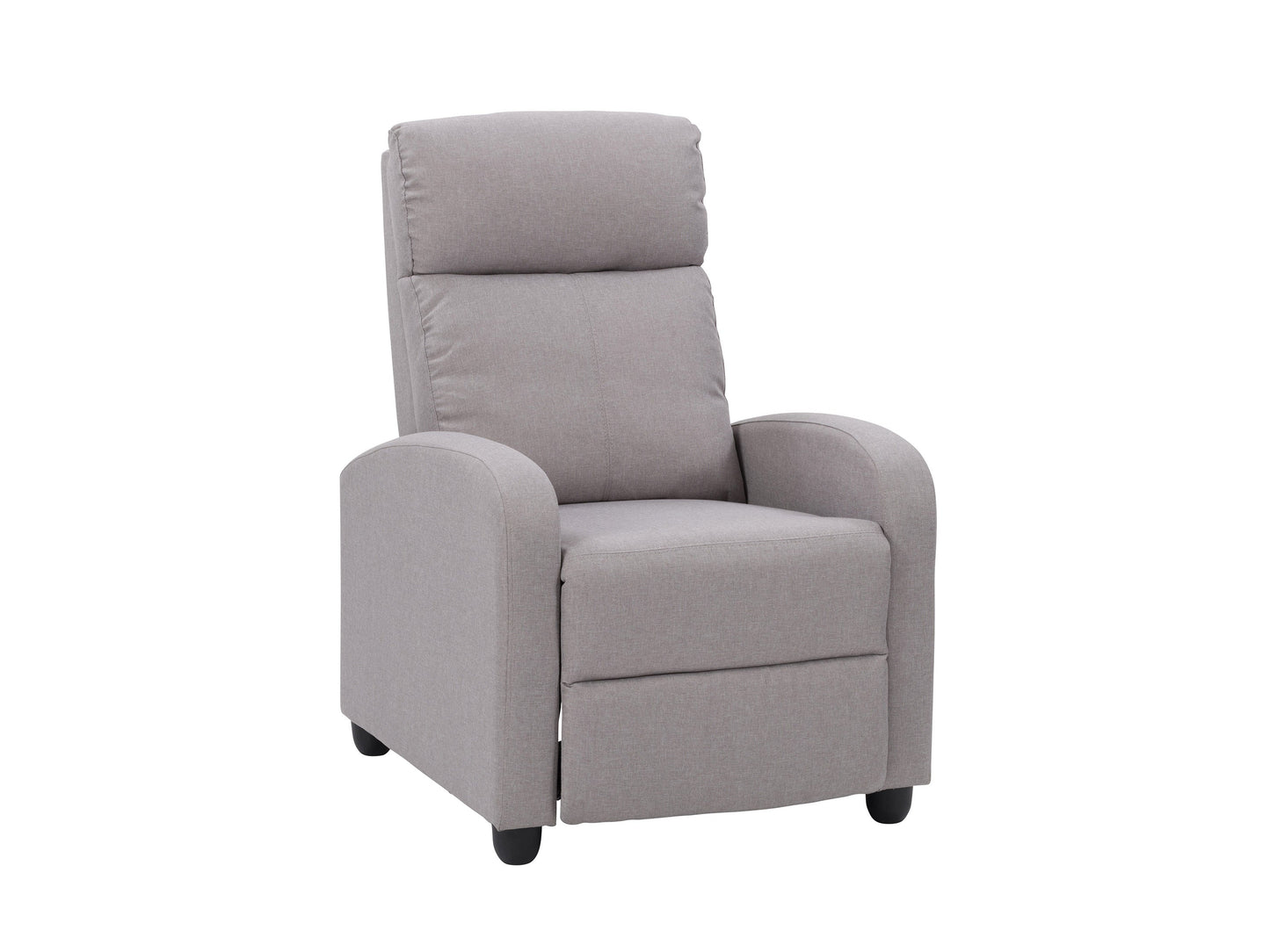 Light grey push back recliner with plush cushioning, sleek armrests, and a modern design. Upholstered in soft fabric with a sturdy wooden frame, perfect for living room comfort and relaxation.