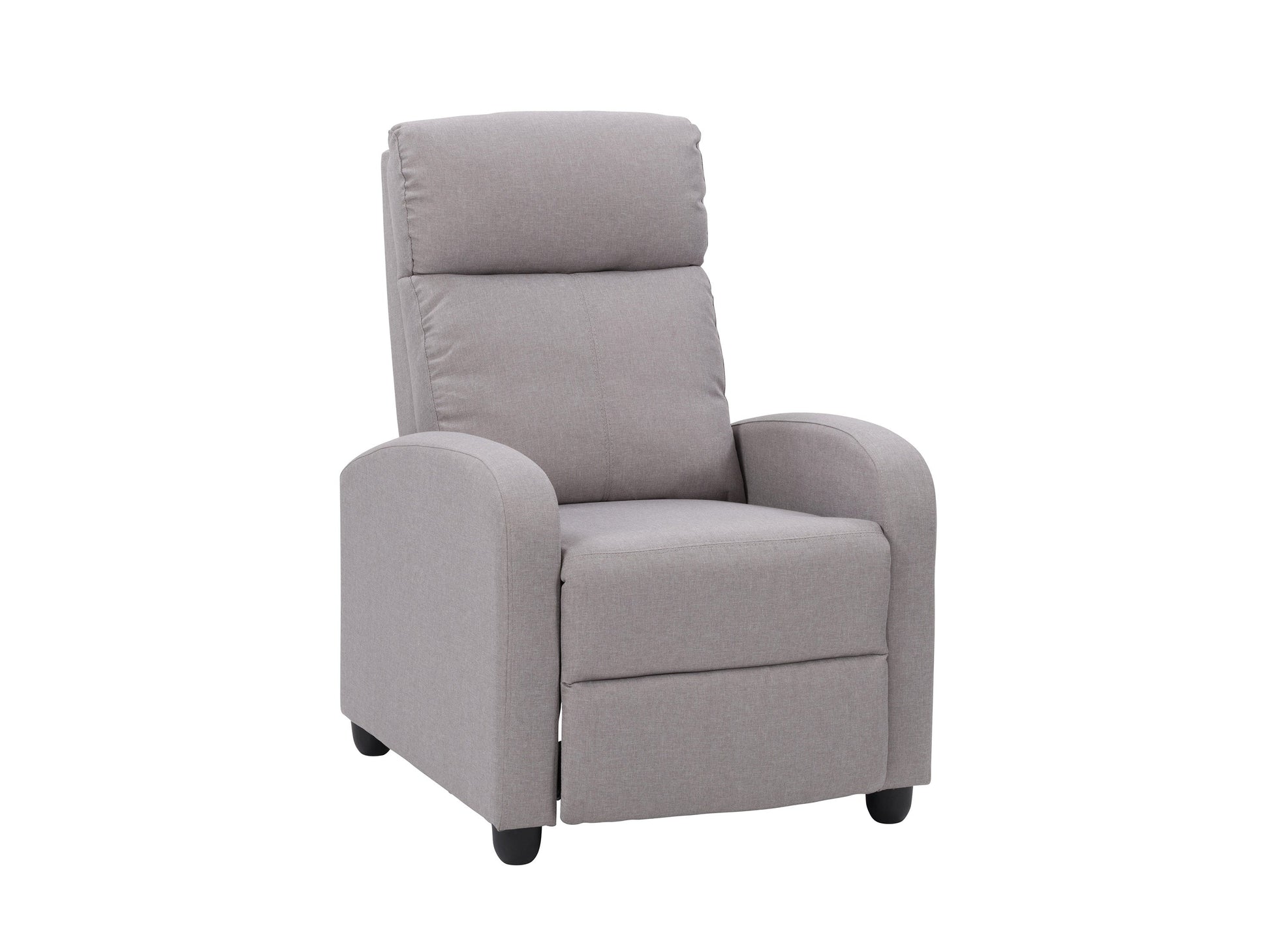 Light grey push back recliner with plush cushioning, sleek armrests, and a modern design. Upholstered in soft fabric with a sturdy wooden frame, perfect for living room comfort and relaxation.