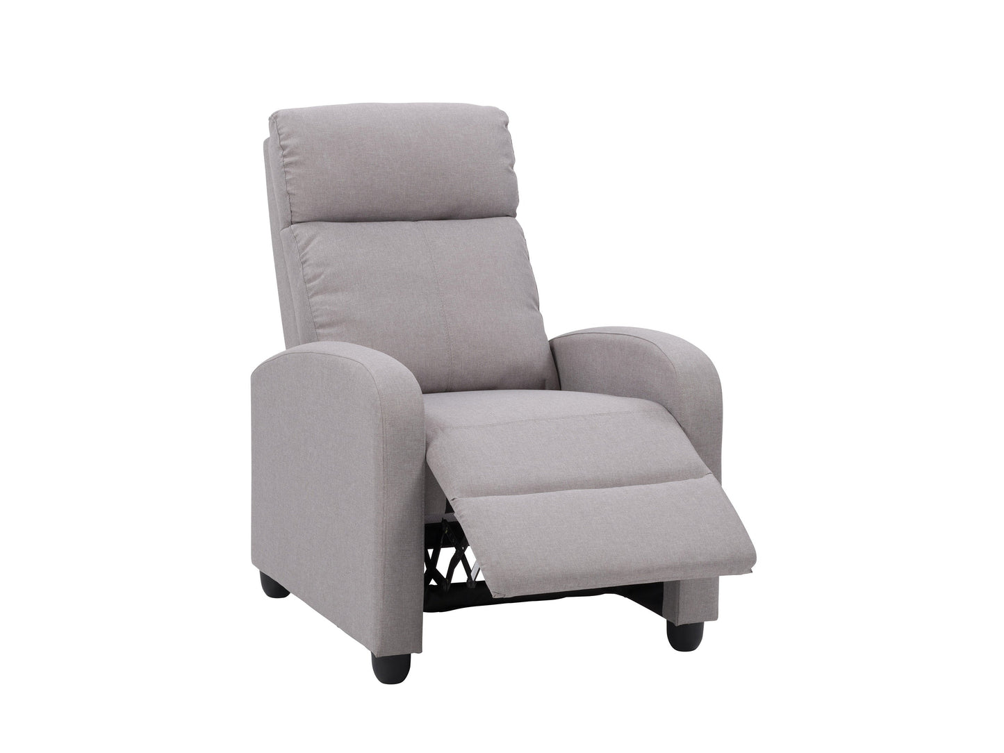 Light grey push back recliner with plush cushioning, sleek armrests, and a modern design. Upholstered in soft fabric with a sturdy wooden frame, perfect for living room comfort and relaxation.