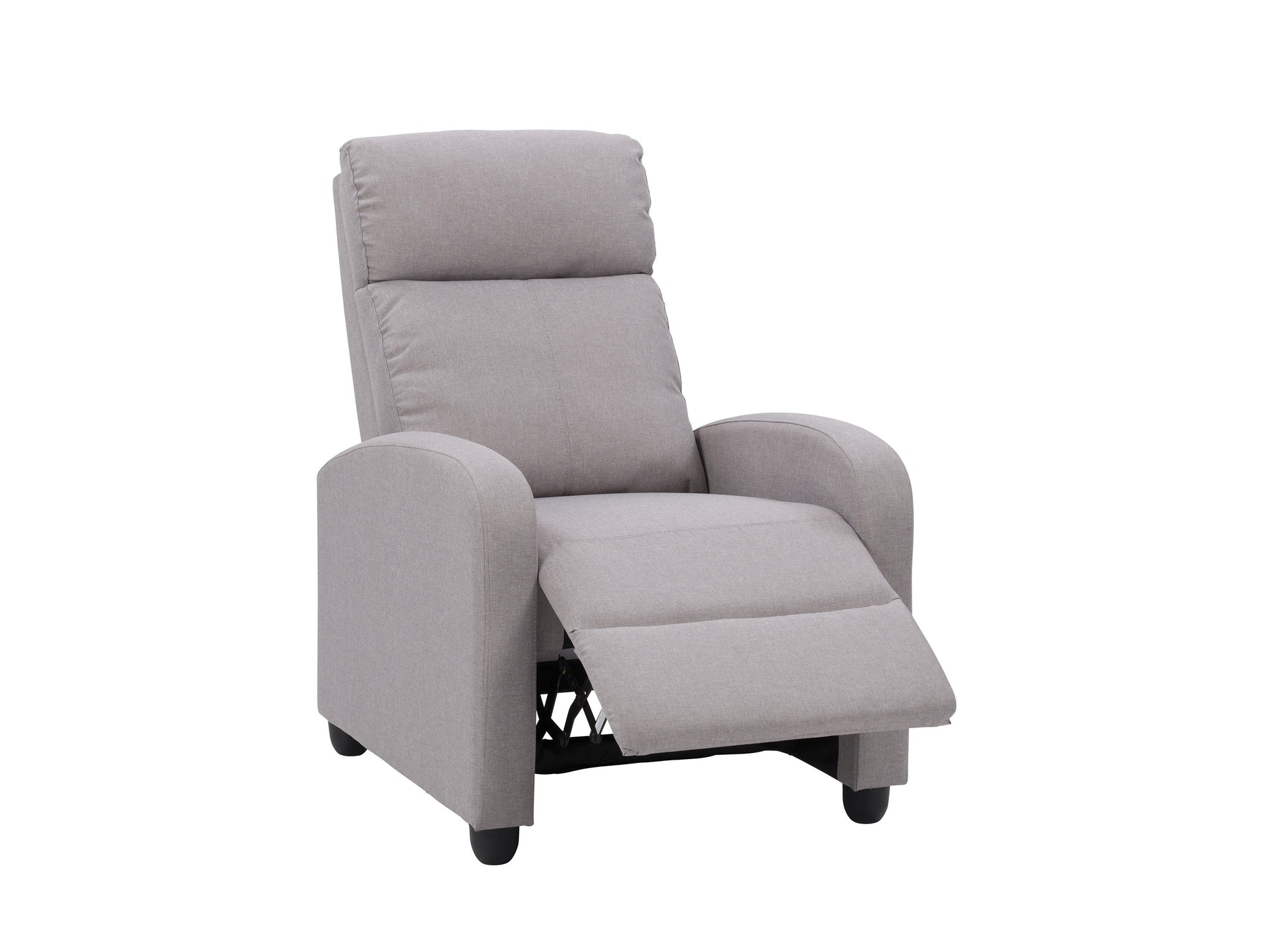 Light grey push back recliner with plush cushioning, sleek armrests, and a modern design. Upholstered in soft fabric with a sturdy wooden frame, perfect for living room comfort and relaxation.