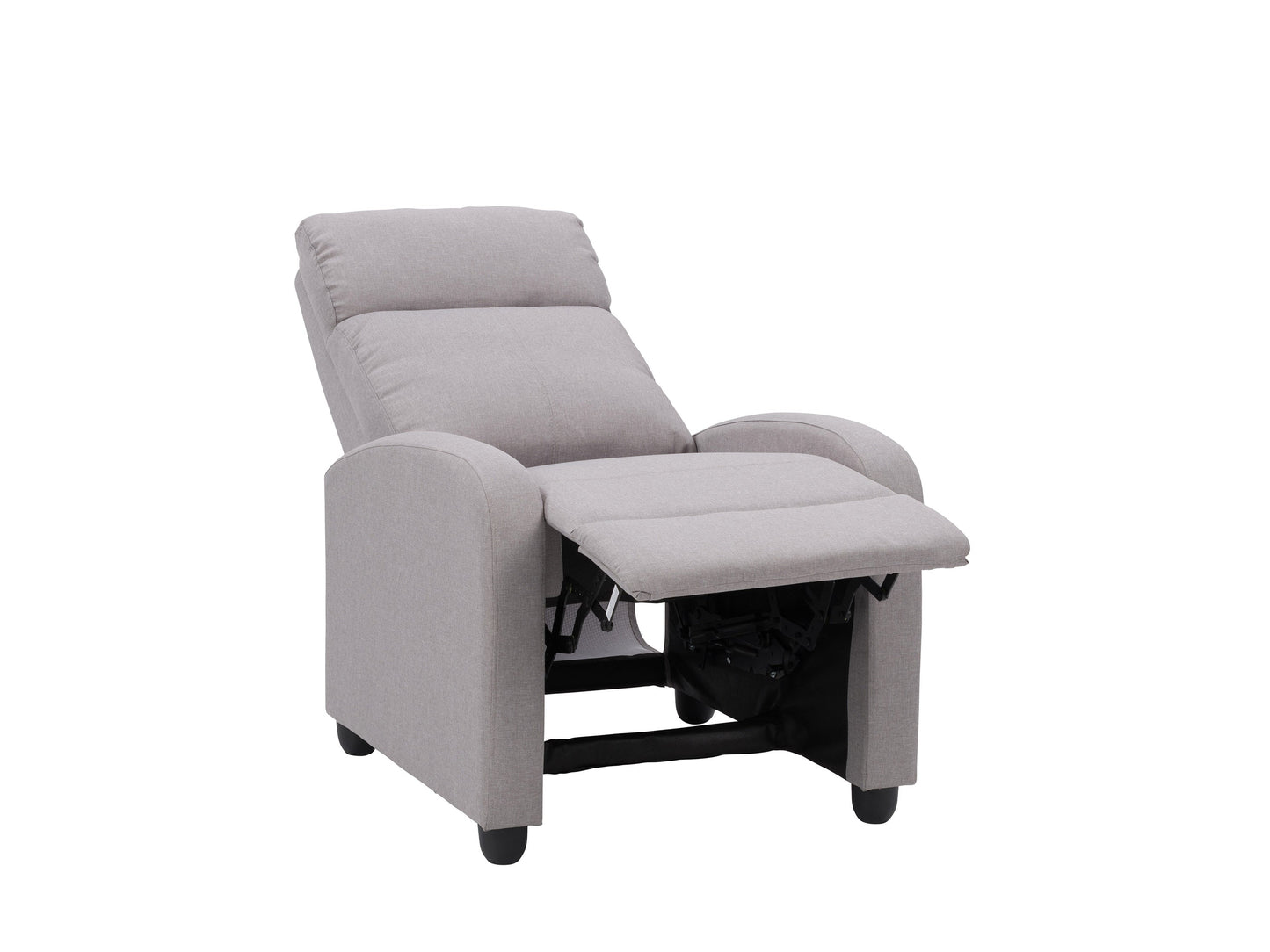 Light grey push back recliner with plush cushioning, sleek armrests, and a modern design. Upholstered in soft fabric with a sturdy wooden frame, perfect for living room comfort and relaxation.