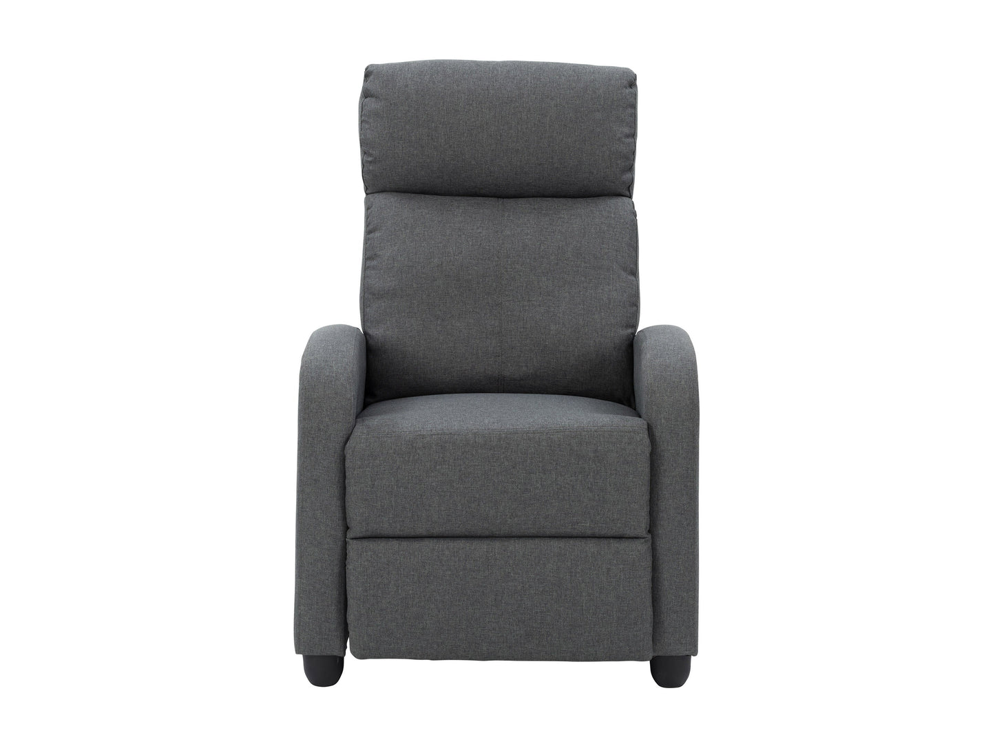 Dark grey push back recliner with plush cushioning, sleek armrests, and durable fabric upholstery. Ideal for living rooms, this comfortable and stylish chair features a reclining mechanism for ultimate relaxation.