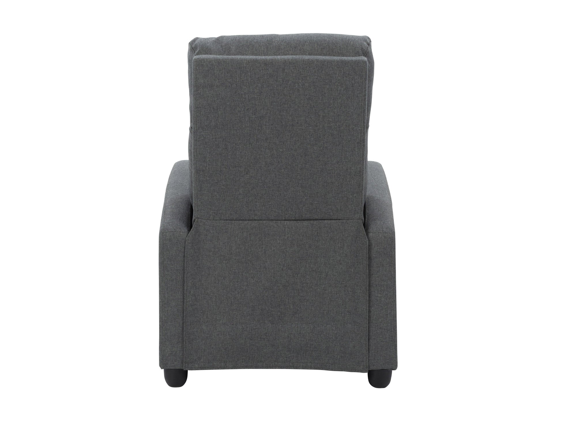 Dark grey push back recliner with plush cushioning, sleek armrests, and durable fabric upholstery. Ideal for living rooms, this comfortable and stylish chair features a reclining mechanism for ultimate relaxation.