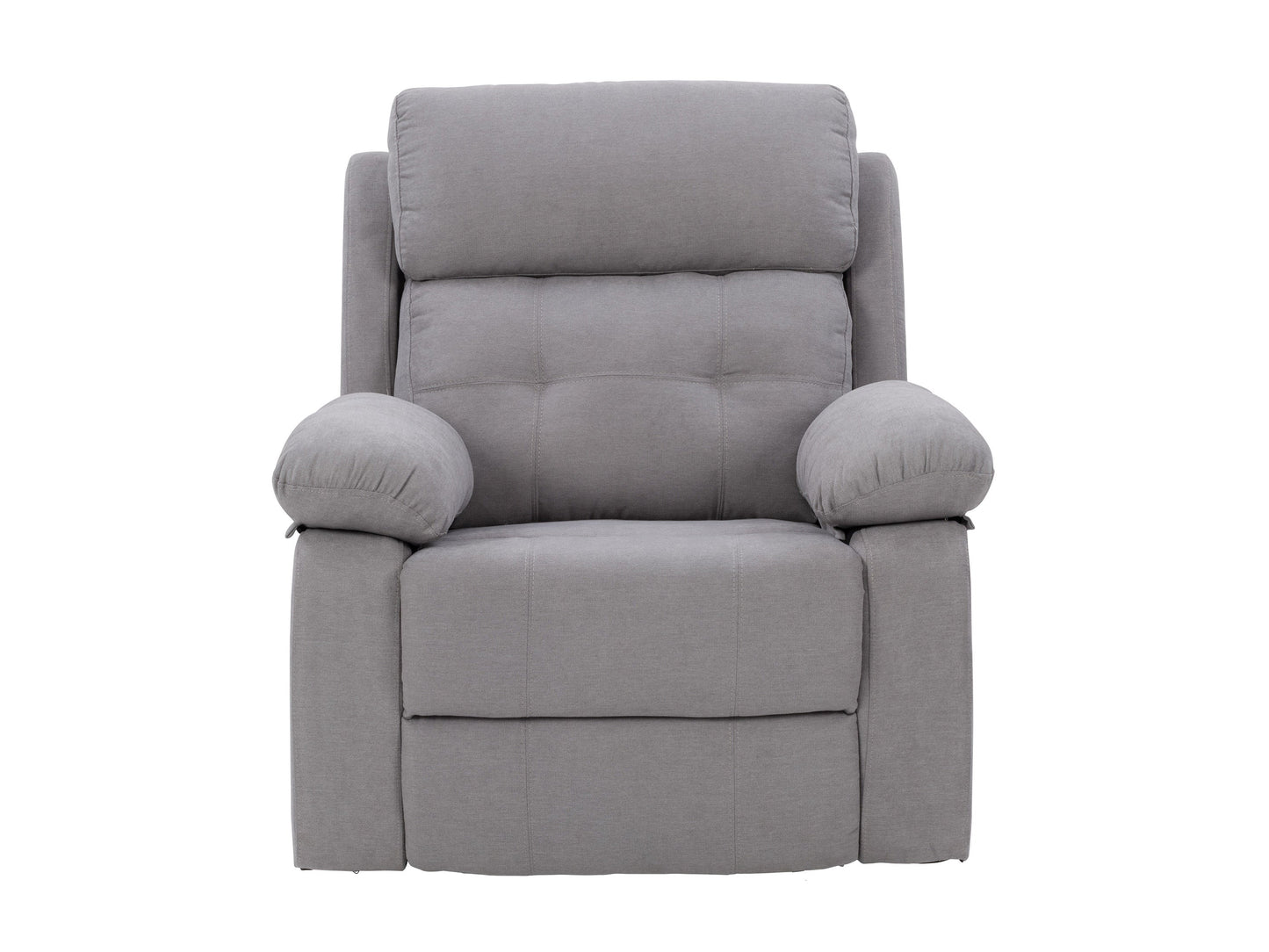 Extra wide light grey recliner with plush fabric, padded armrests, and a smooth reclining mechanism, perfect for living room comfort and relaxation.