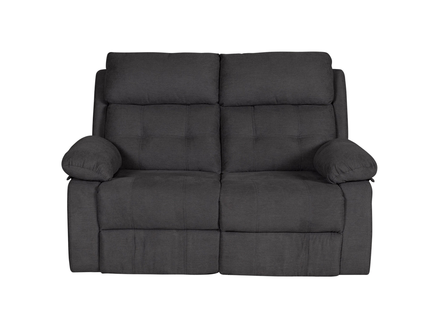 Dark grey 2 seater recliner sofa with plush cushions, soft fabric upholstery, and manual reclining mechanism. Perfect for living rooms or home theaters, offering comfort and style with a modern design.