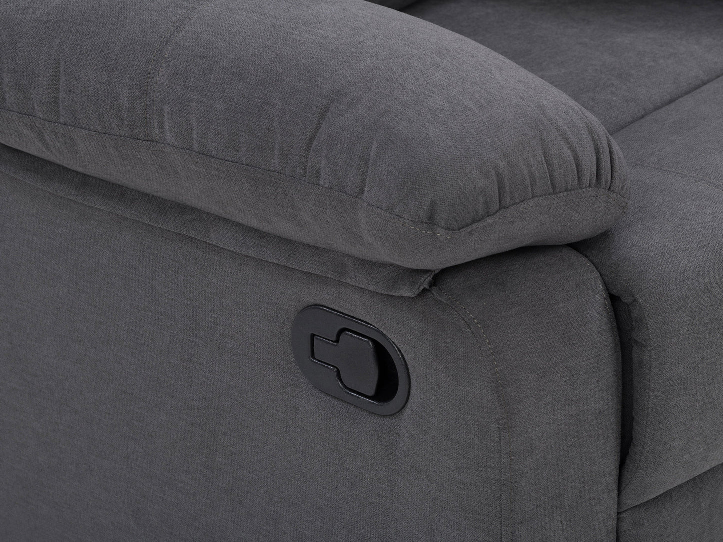 Dark grey extra wide recliner with plush cushions, soft fabric upholstery, and a sturdy metal frame. Ideal for living room comfort, featuring a reclining mechanism and spacious seating for ultimate relaxation.