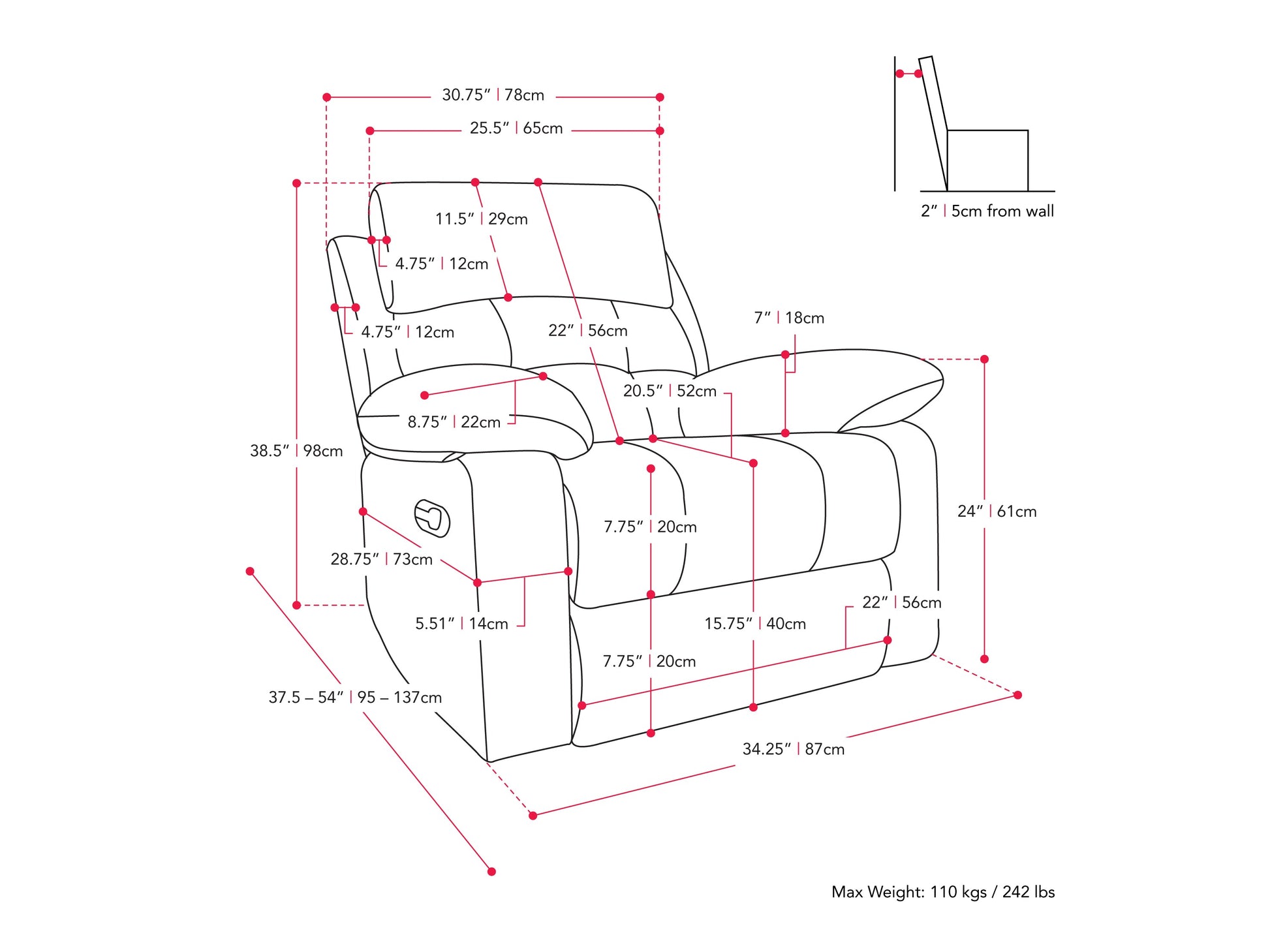 Dark grey extra wide recliner with plush cushions, soft fabric upholstery, and a sturdy metal frame. Ideal for living room comfort, featuring a reclining mechanism and spacious seating for ultimate relaxation.