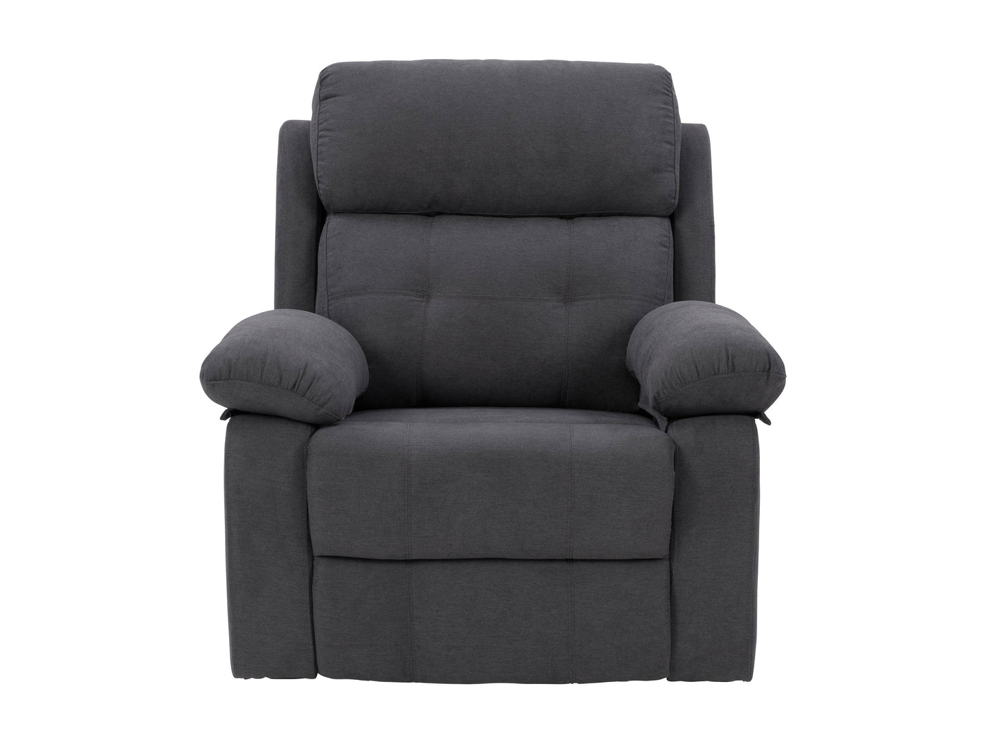 Dark grey extra wide recliner with plush cushions, soft fabric upholstery, and a sturdy metal frame. Ideal for living room comfort, featuring a reclining mechanism and spacious seating for ultimate relaxation.