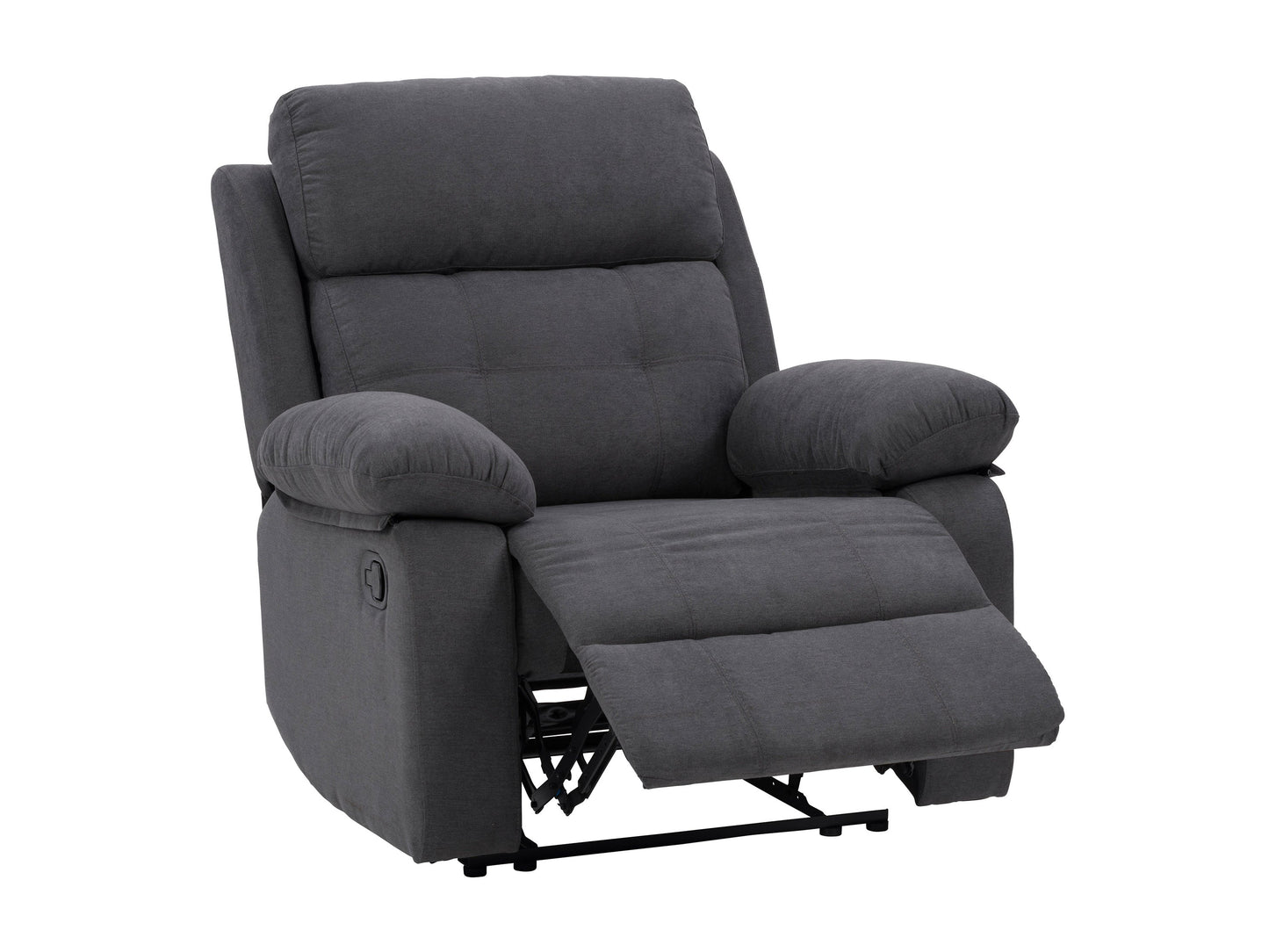 Dark grey extra wide recliner with plush cushions, soft fabric upholstery, and a sturdy metal frame. Ideal for living room comfort, featuring a reclining mechanism and spacious seating for ultimate relaxation.