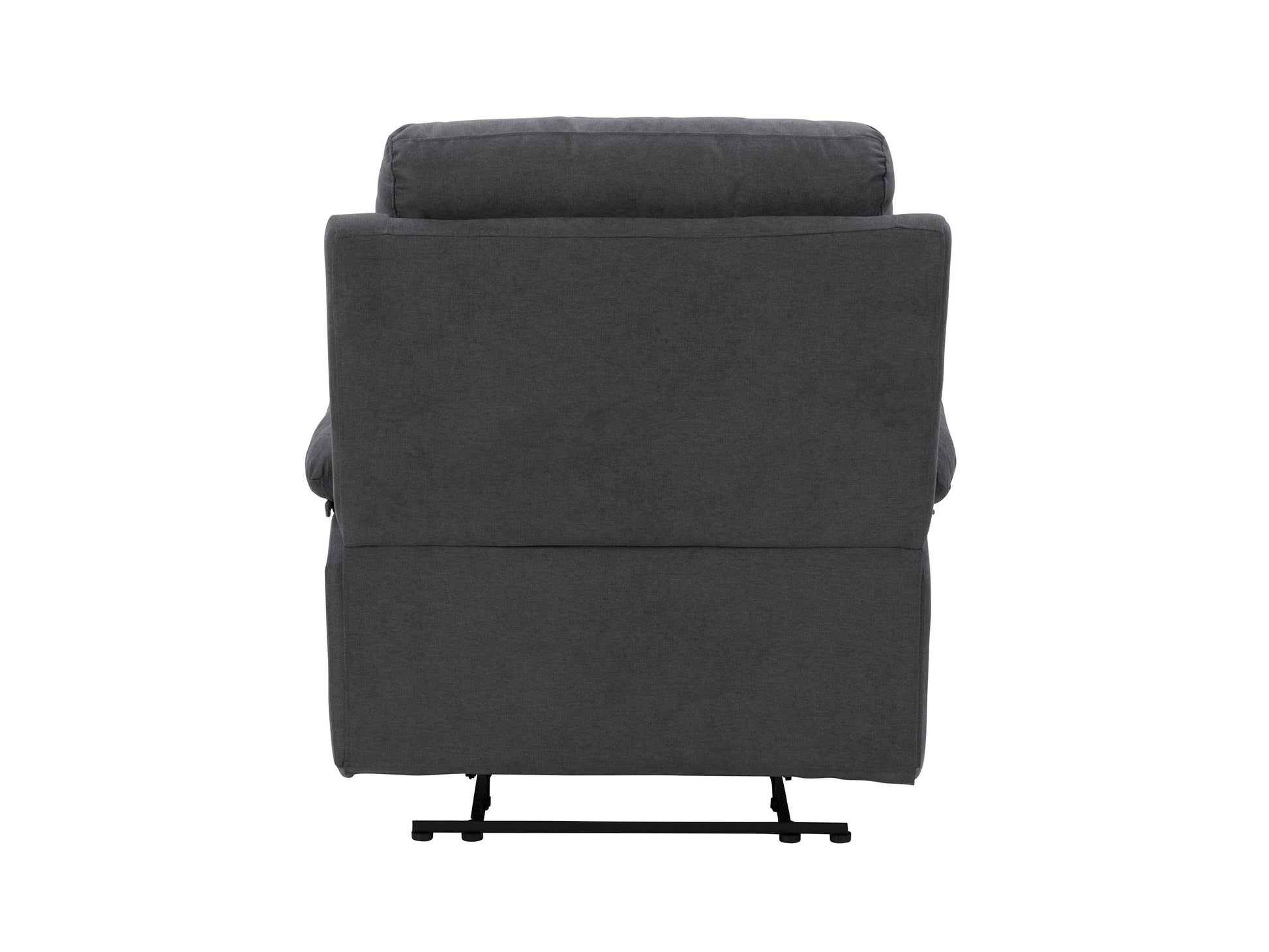 Dark grey extra wide recliner with plush cushions, soft fabric upholstery, and a sturdy metal frame. Ideal for living room comfort, featuring a reclining mechanism and spacious seating for ultimate relaxation.