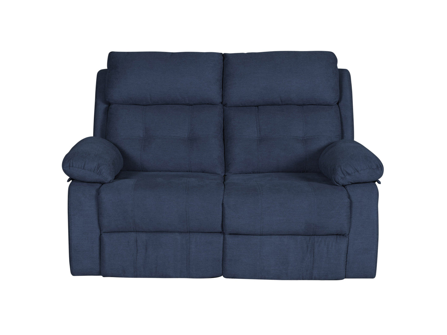 Blue 2-seater recliner sofa with plush cushions, sleek faux leather upholstery, and sturdy metal frame. Features dual reclining seats, padded armrests, and modern design perfect for small living rooms or cozy spaces.