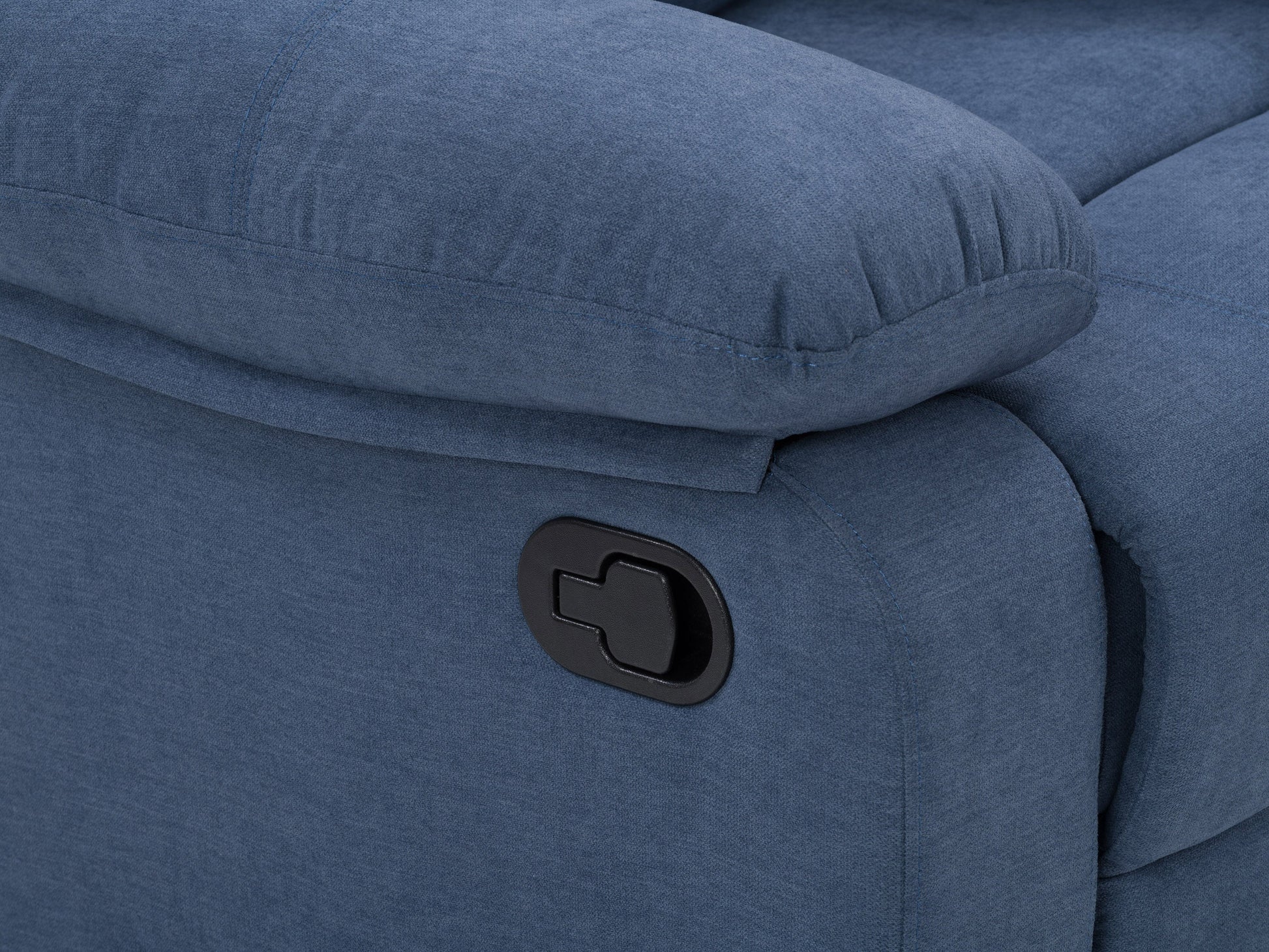 Extra wide blue recliner with plush fabric upholstery, padded armrests, and a sturdy wooden frame; ideal for living rooms and home theaters.