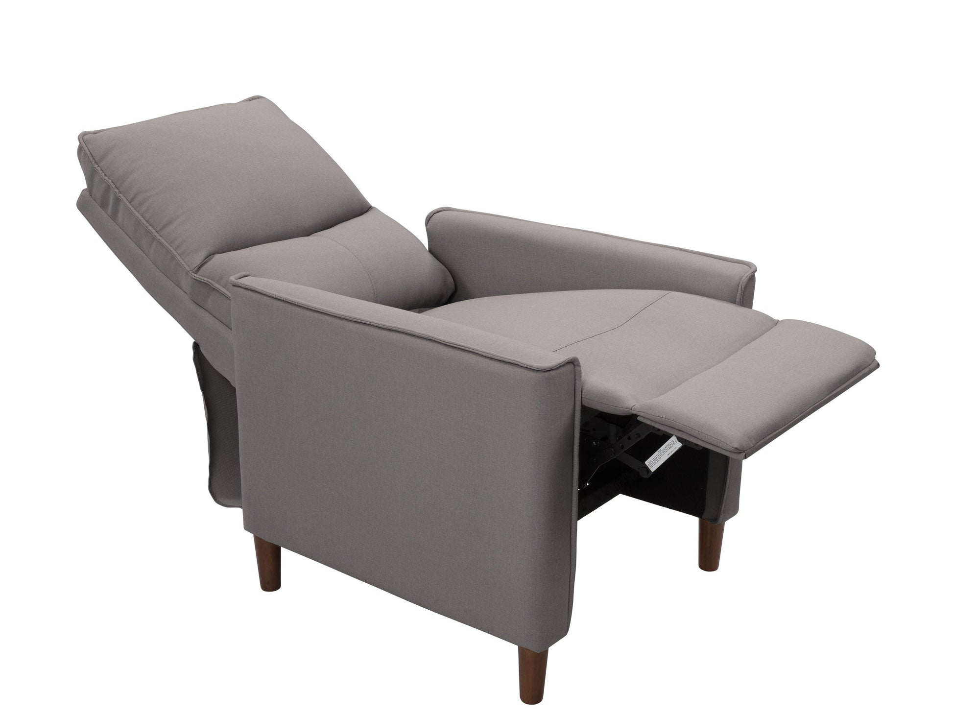 Light grey mid-century recliner with wooden legs, tufted back, and soft fabric upholstery, perfect for modern living rooms.