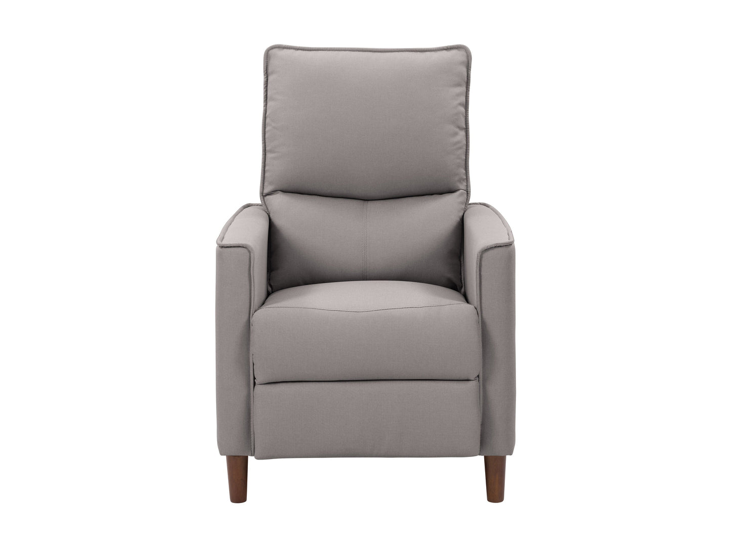 Light grey mid-century recliner with wooden legs, tufted back, and soft fabric upholstery, perfect for modern living rooms.