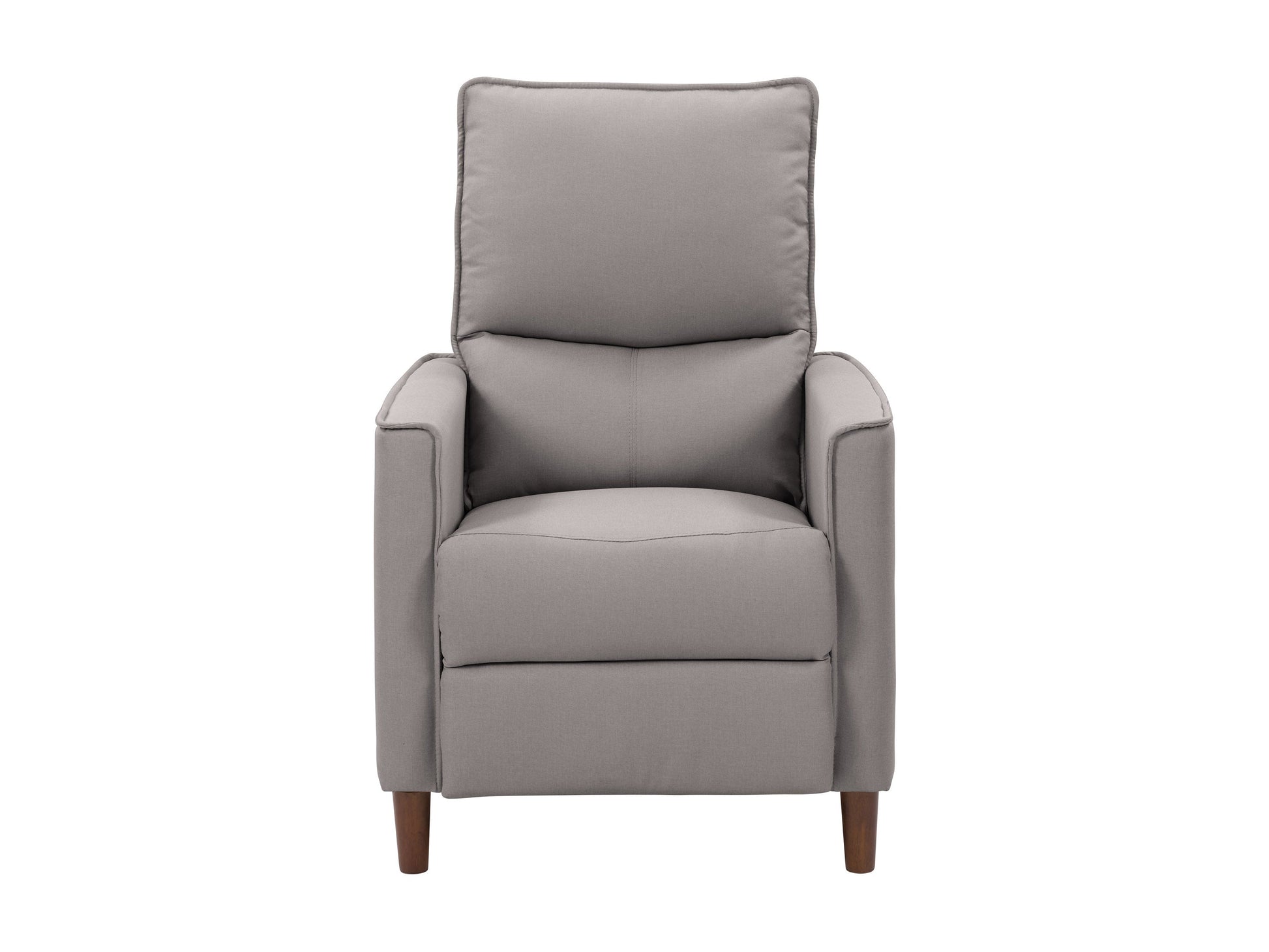 Light grey mid-century recliner with wooden legs, tufted back, and soft fabric upholstery, perfect for modern living rooms.