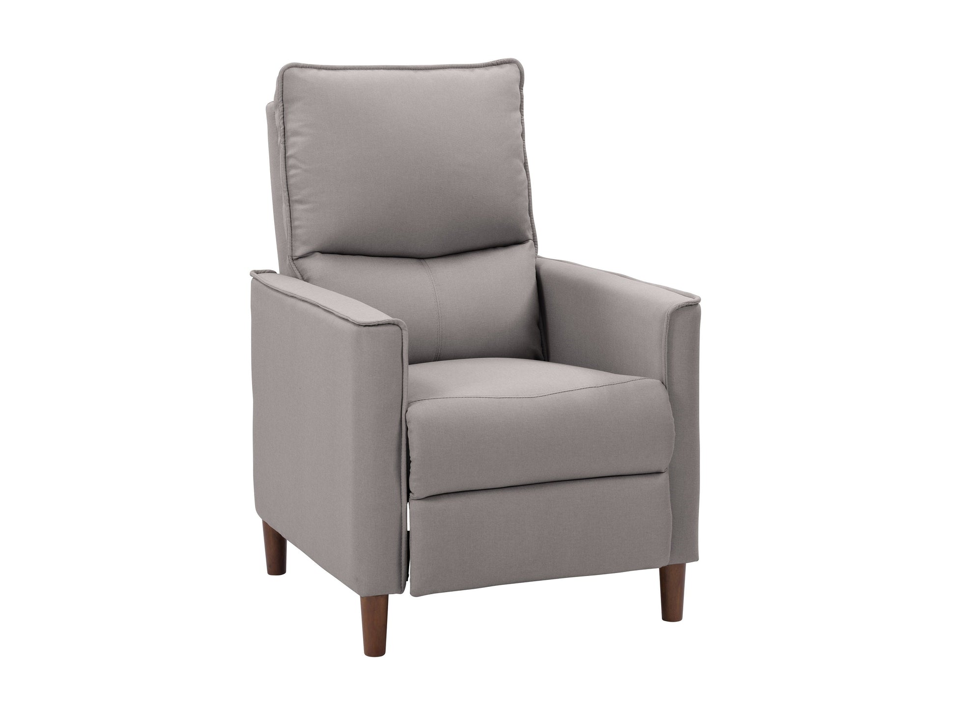 Light grey mid-century recliner with wooden legs, tufted back, and soft fabric upholstery, perfect for modern living rooms.