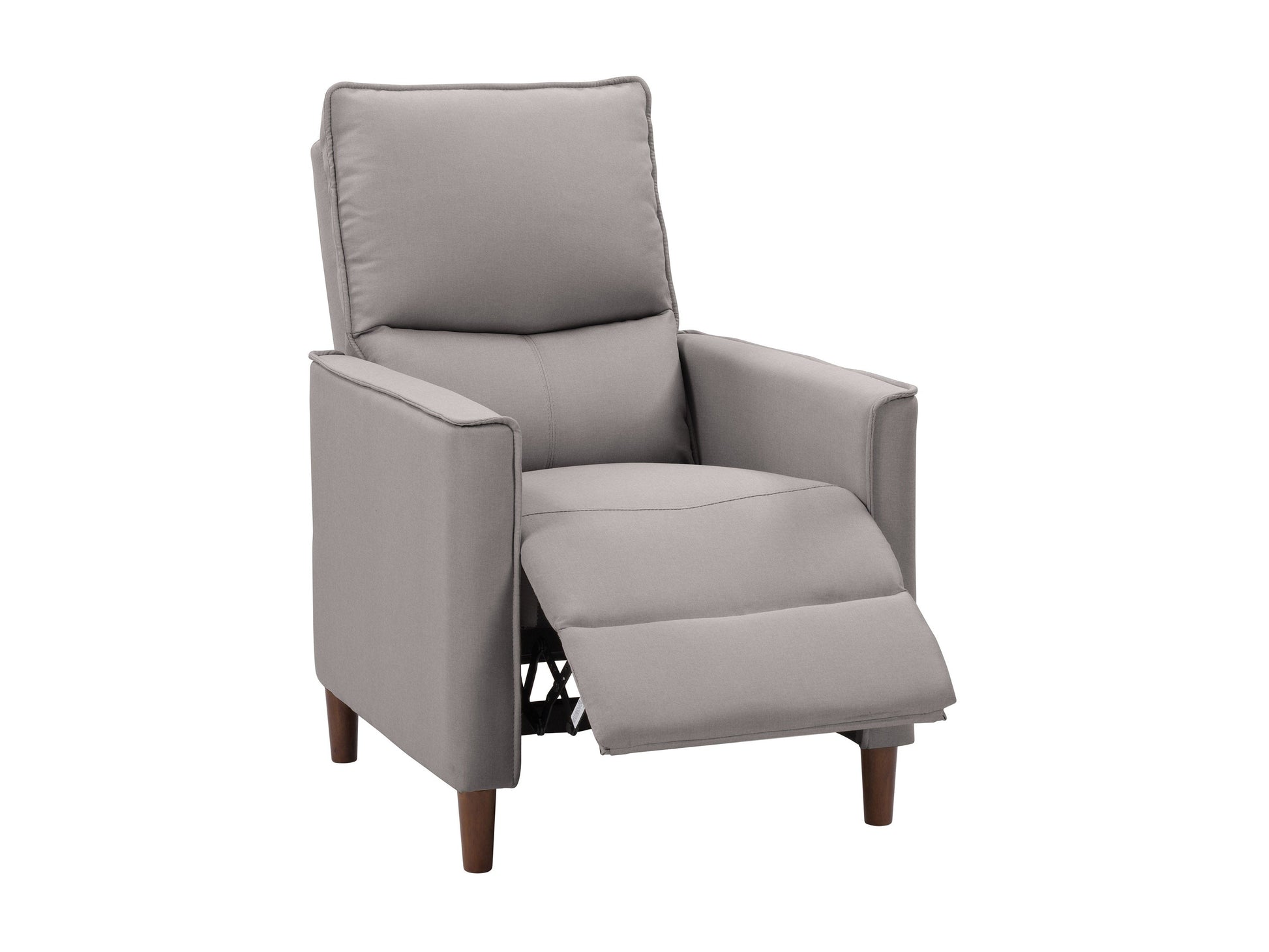 Light grey mid-century recliner with wooden legs, tufted back, and soft fabric upholstery, perfect for modern living rooms.