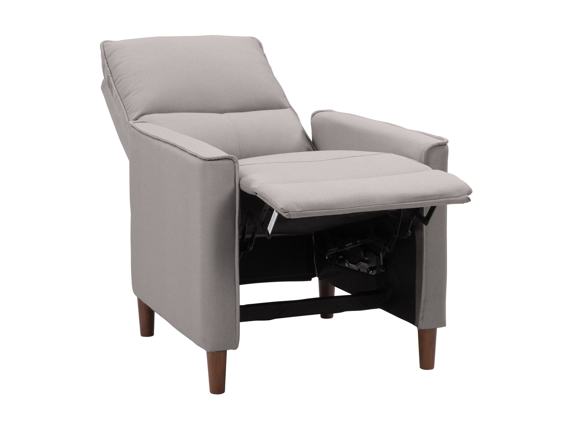 Light grey mid-century recliner with wooden legs, tufted back, and soft fabric upholstery, perfect for modern living rooms.