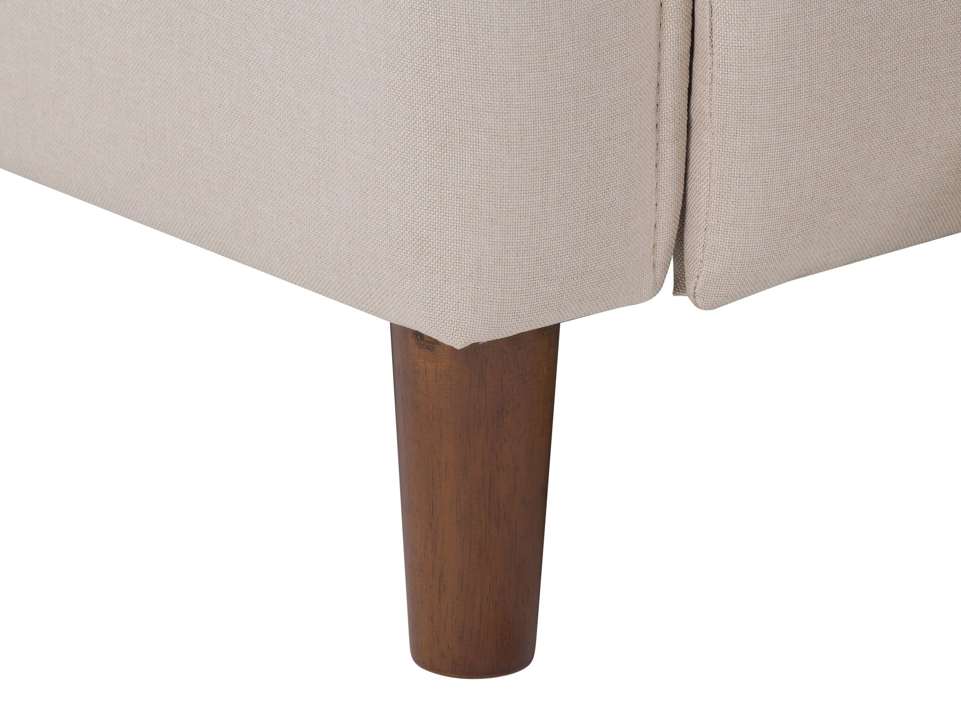 Beige mid-century recliner with wooden legs, tufted backrest, and soft fabric upholstery, featuring a sleek, minimalist design perfect for modern living rooms.
