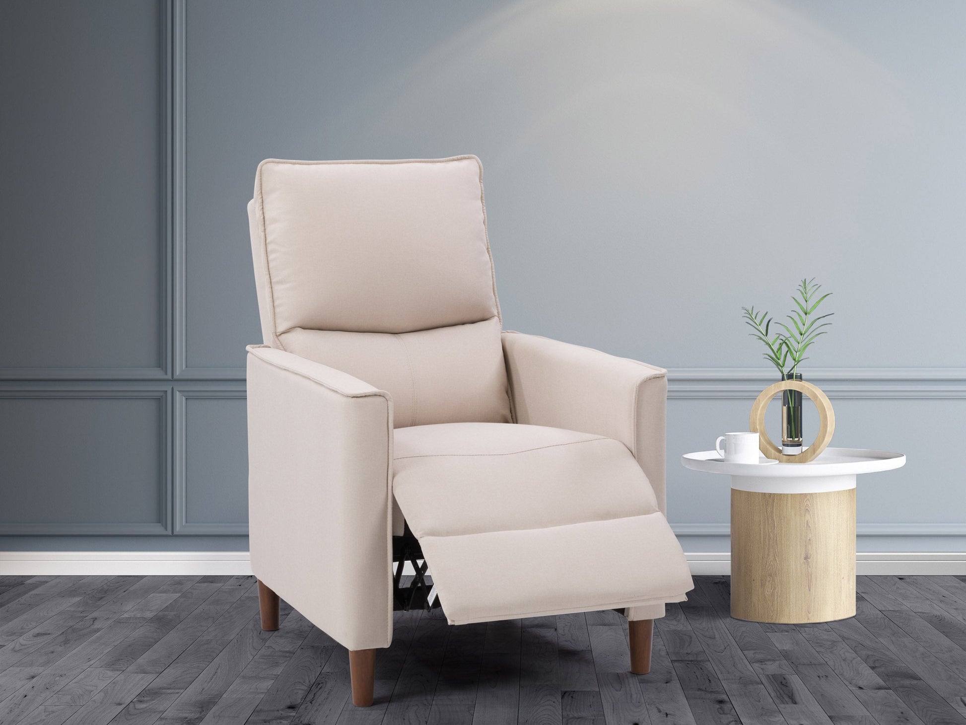 Beige mid-century recliner with wooden legs, tufted backrest, and soft fabric upholstery, featuring a sleek, minimalist design perfect for modern living rooms.