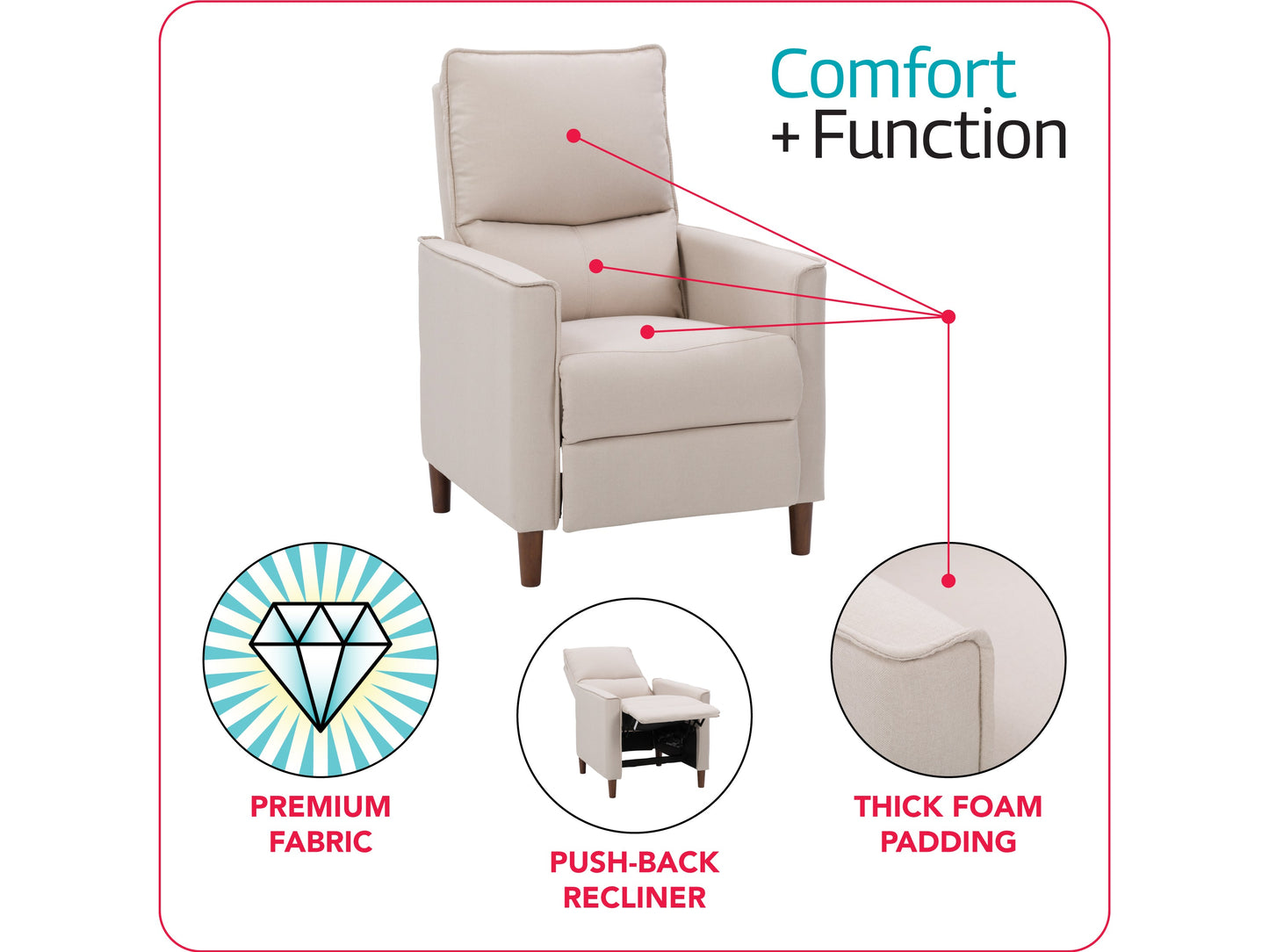 Beige mid-century recliner with wooden legs, tufted backrest, and soft fabric upholstery, featuring a sleek, minimalist design perfect for modern living rooms.