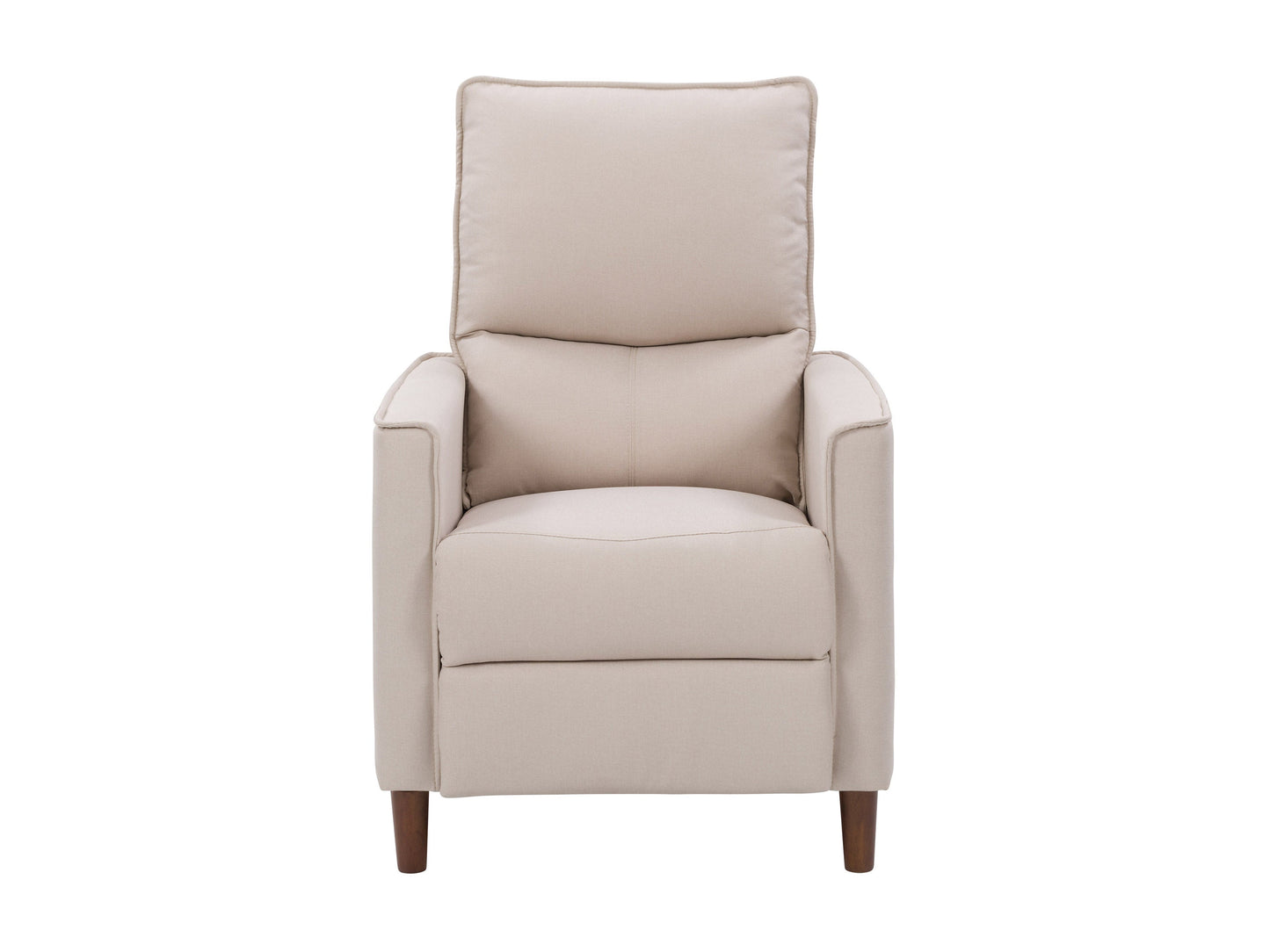 Beige mid-century recliner with wooden legs, tufted backrest, and soft fabric upholstery, featuring a sleek, minimalist design perfect for modern living rooms.