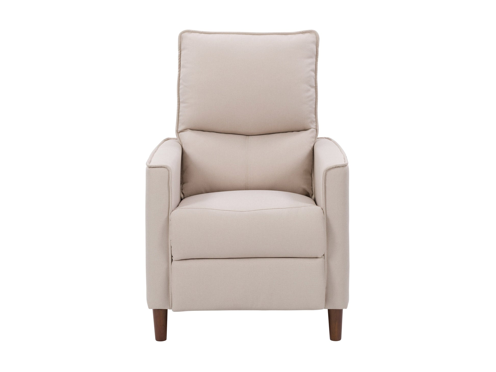 Beige mid-century recliner with wooden legs, tufted backrest, and soft fabric upholstery, featuring a sleek, minimalist design perfect for modern living rooms.