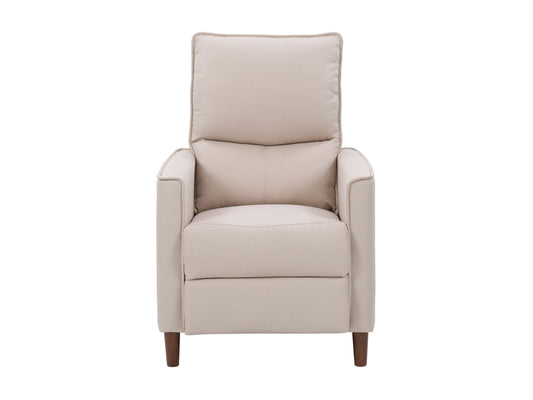 Beige mid-century recliner with wooden legs, tufted backrest, and soft fabric upholstery, featuring a sleek, minimalist design perfect for modern living rooms.