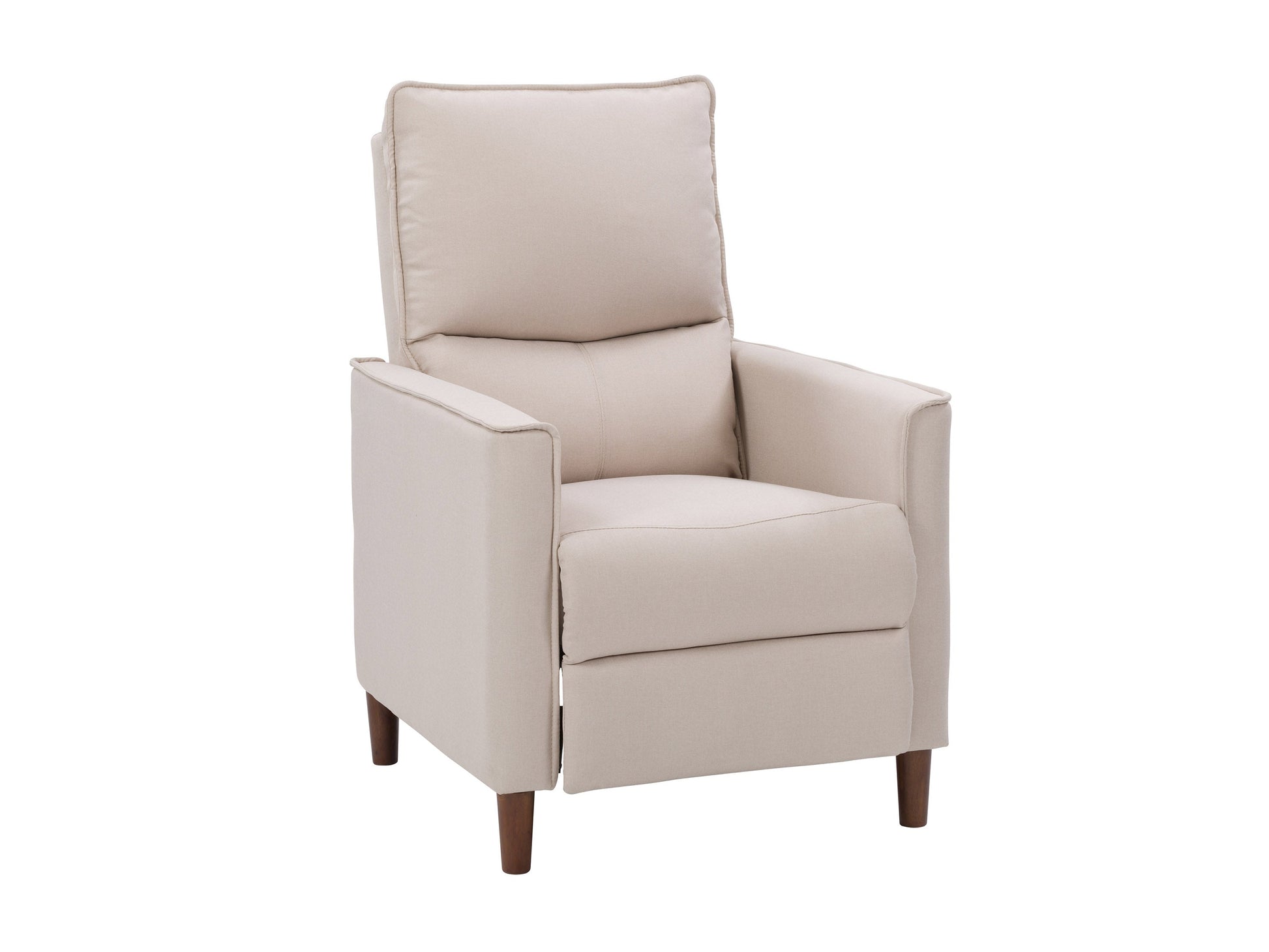 Beige mid-century recliner with wooden legs, tufted backrest, and soft fabric upholstery, featuring a sleek, minimalist design perfect for modern living rooms.