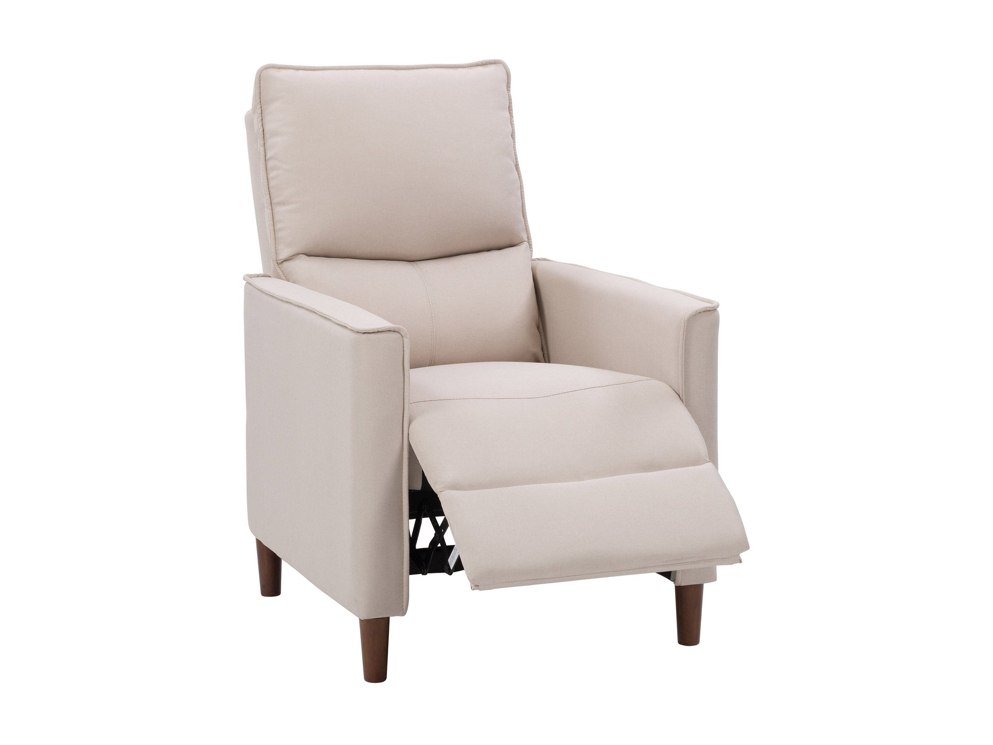 Beige mid-century recliner with wooden legs, tufted backrest, and soft fabric upholstery, featuring a sleek, minimalist design perfect for modern living rooms.