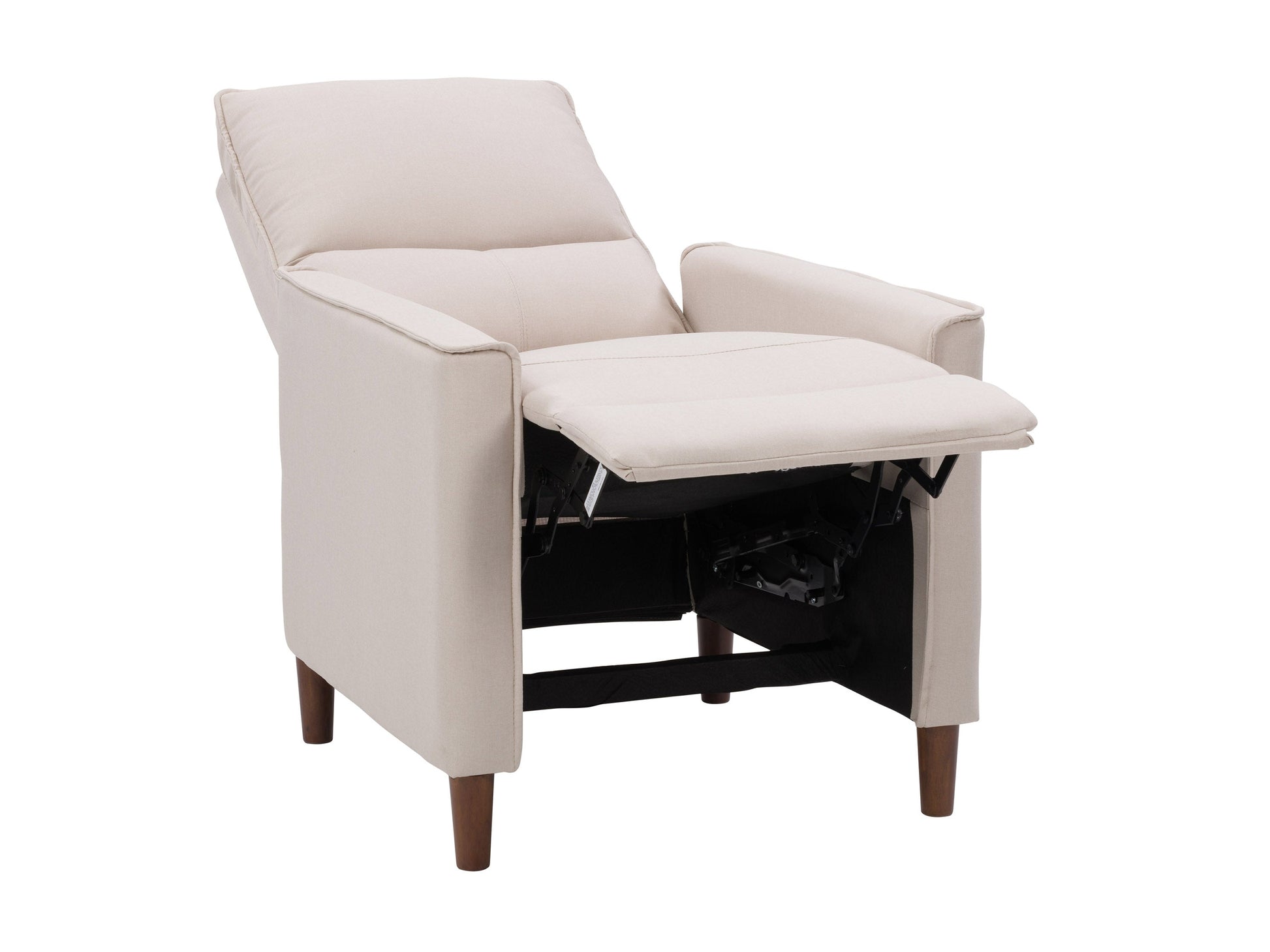 Beige mid-century recliner with wooden legs, tufted backrest, and soft fabric upholstery, featuring a sleek, minimalist design perfect for modern living rooms.