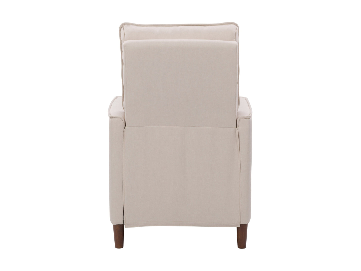 Beige mid-century recliner with wooden legs, tufted backrest, and soft fabric upholstery, featuring a sleek, minimalist design perfect for modern living rooms.