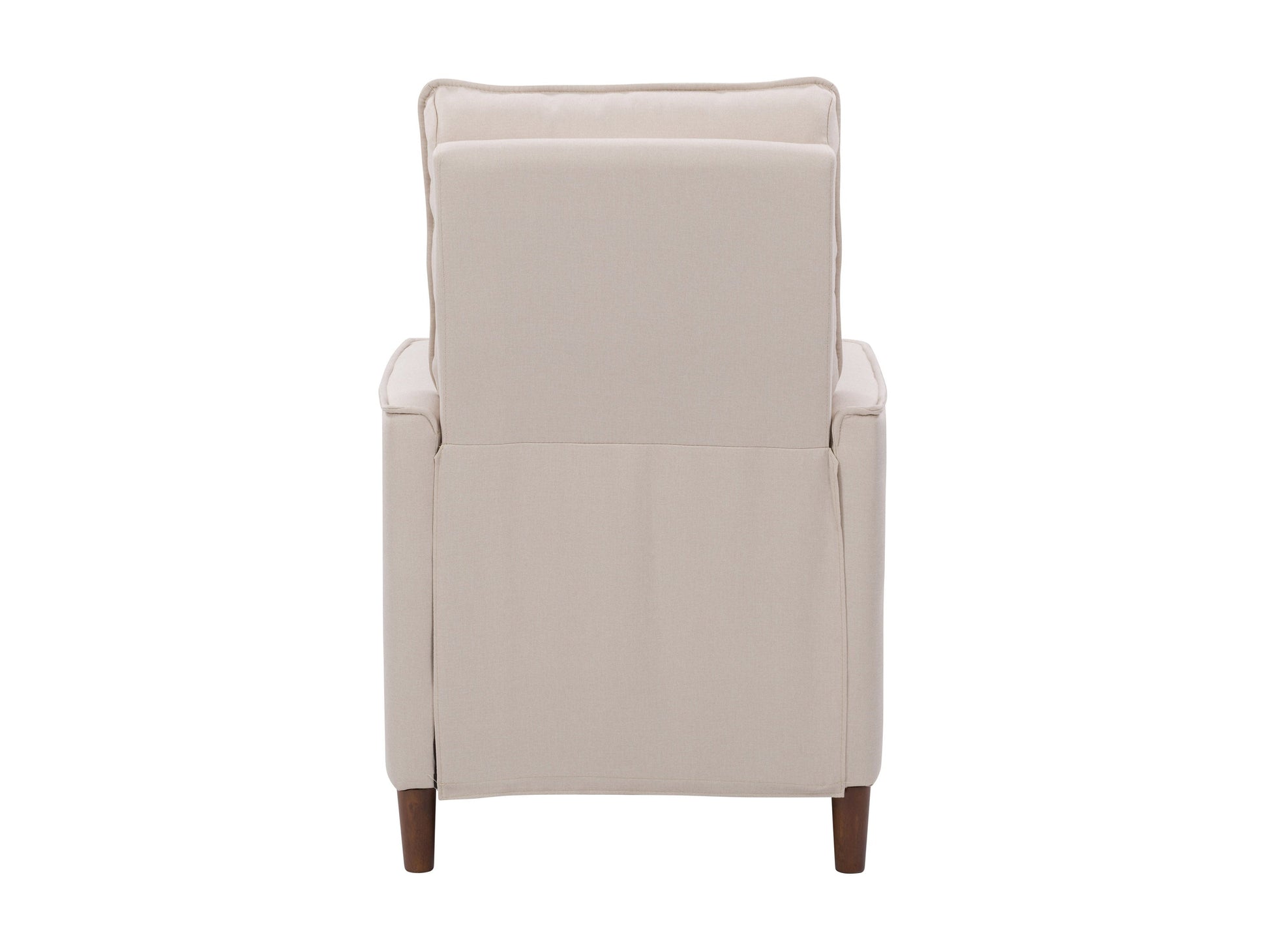 Beige mid-century recliner with wooden legs, tufted backrest, and soft fabric upholstery, featuring a sleek, minimalist design perfect for modern living rooms.