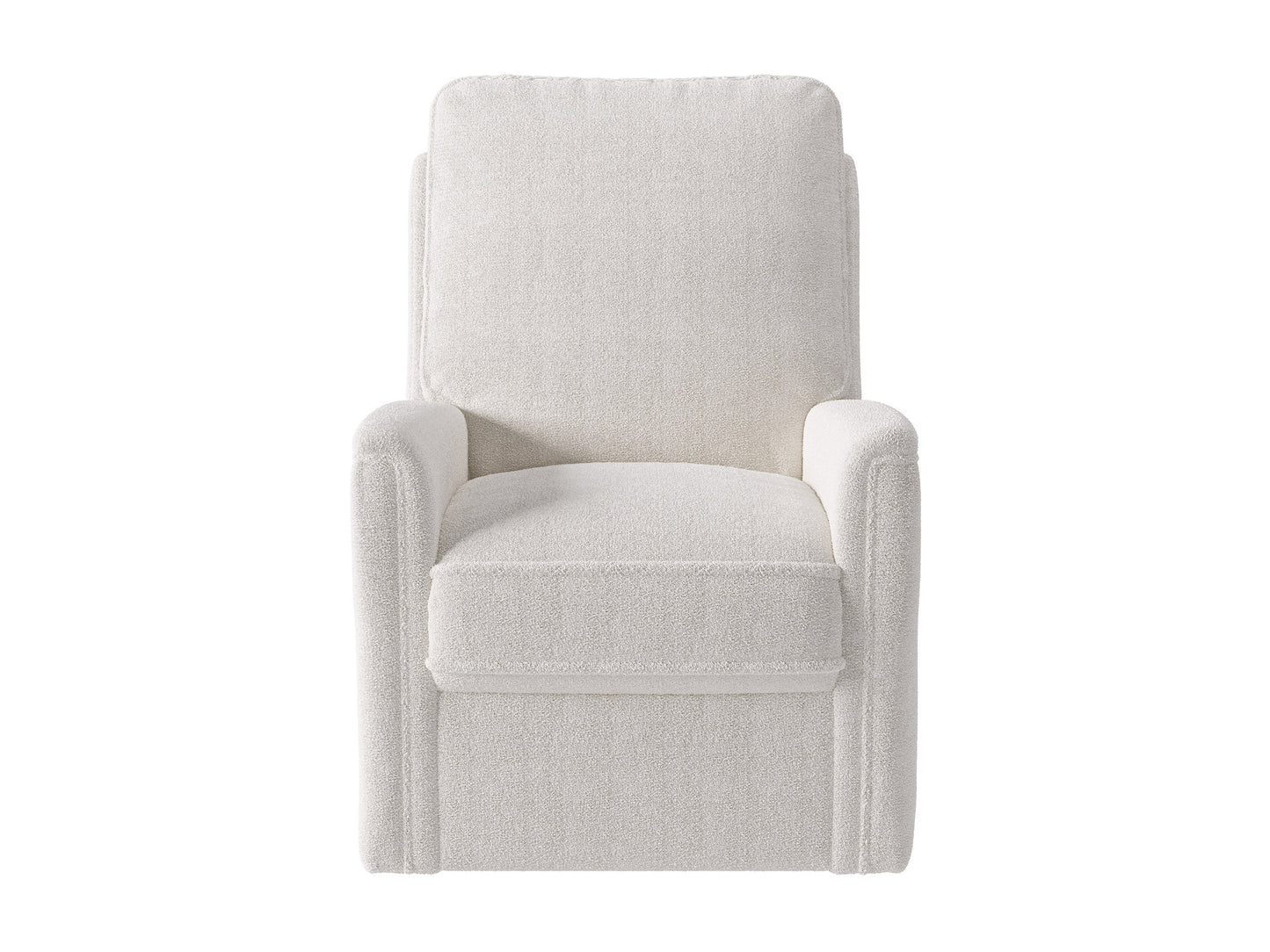 Cream boucle swivel recliner chair with plush texture, ergonomic design, and sleek metal base, perfect for modern living rooms or cozy reading nooks.