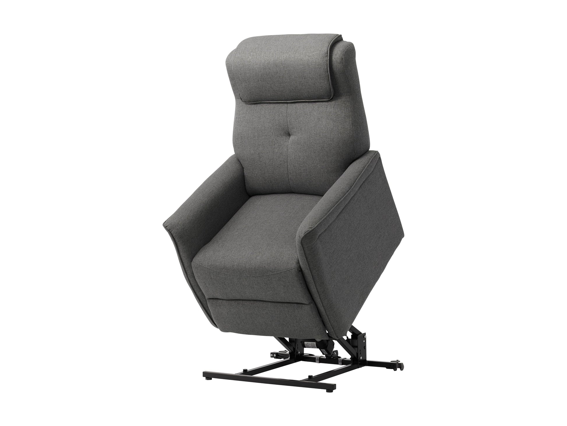 Medium grey power lift recliner with plush upholstery, ergonomic design, padded armrests, and remote control for easy adjustment. Ideal for elderly or mobility-challenged users seeking comfort and convenience.