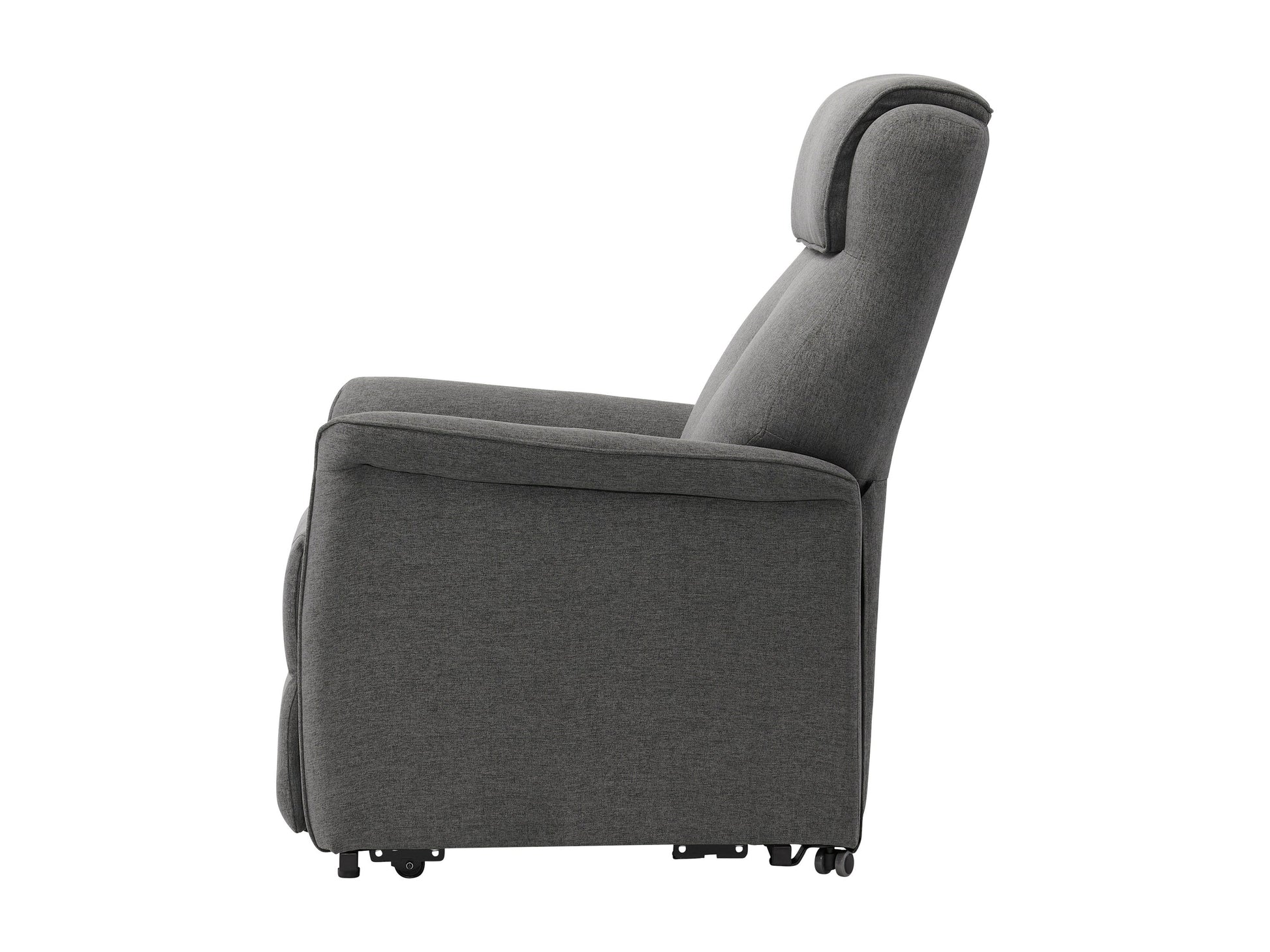 Medium grey power lift recliner with plush upholstery, ergonomic design, padded armrests, and remote control for easy adjustment. Ideal for elderly or mobility-challenged users seeking comfort and convenience.
