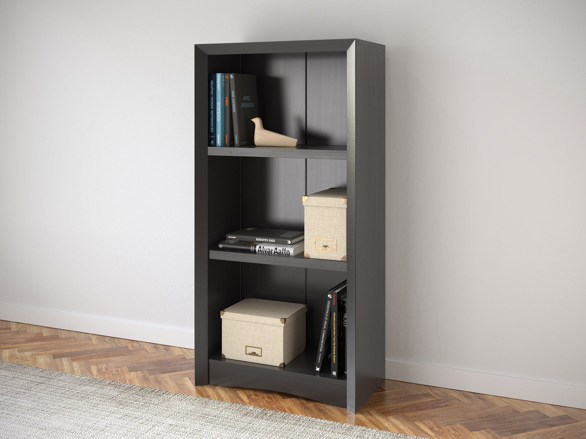 Black wooden 3-shelf bookcase with sleek modern design, adjustable shelves, and smooth finish. Ideal for home office or living room storage and display.